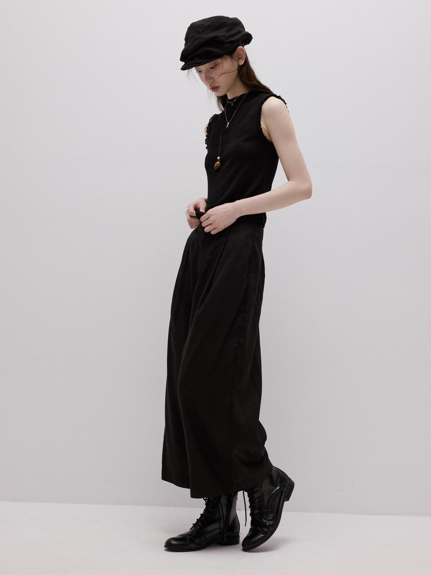 FUSSED Lace Trim Mock Neck Side Bust Concealing Slim Cropped Women&