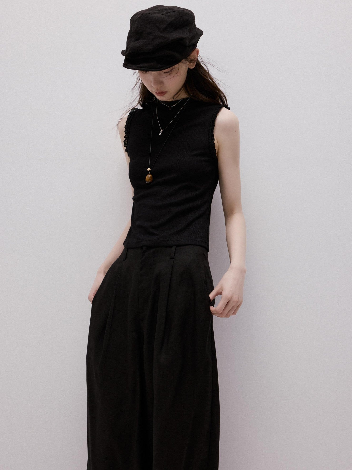 FUSSED Lace Trim Mock Neck Side Bust Concealing Slim Cropped Women&