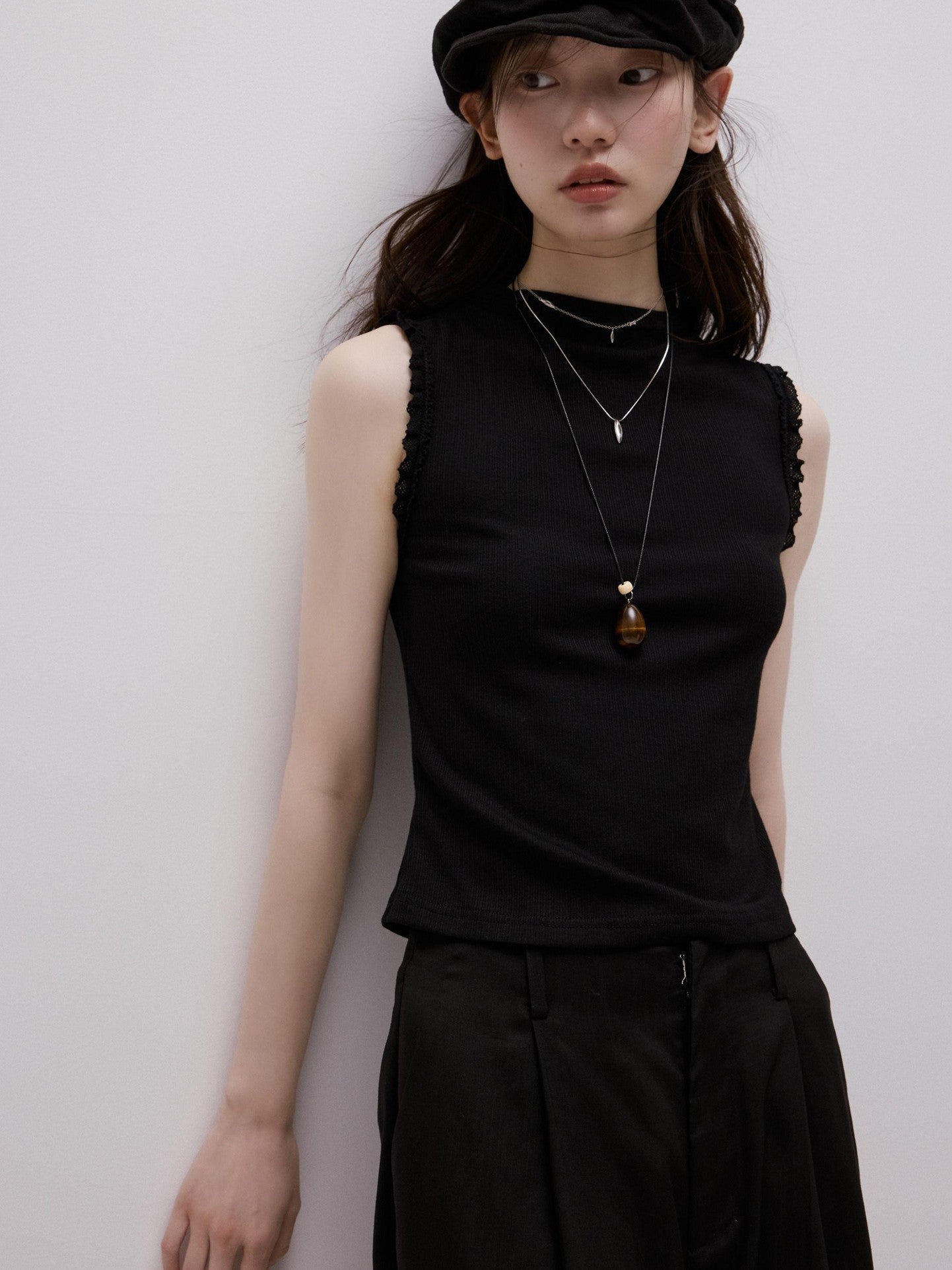 FUSSED Lace Trim Mock Neck Side Bust Concealing Slim Cropped Women&