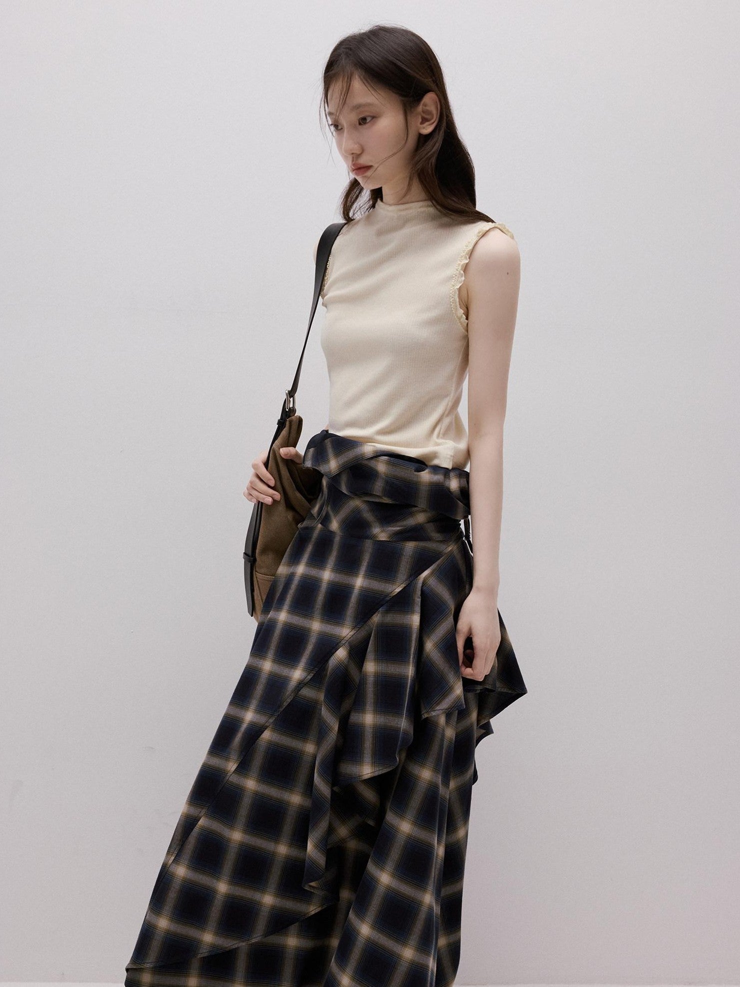 FUSSED Lace Trim Mock Neck Side Bust Concealing Slim Cropped Women&