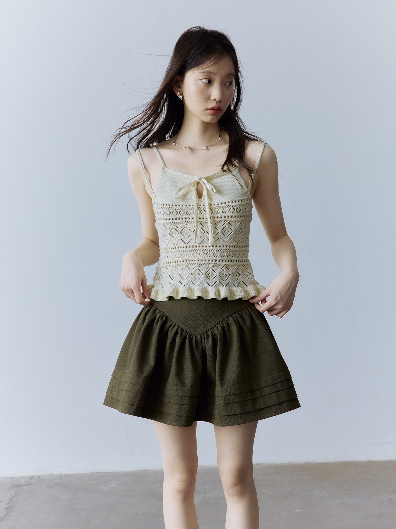 FUSSED_Layered_A_Line_Mid_Waist_Spliced_Lined_Side_Zipper_Youth_Cedar_Green_Mini_Skirt_MISSTT