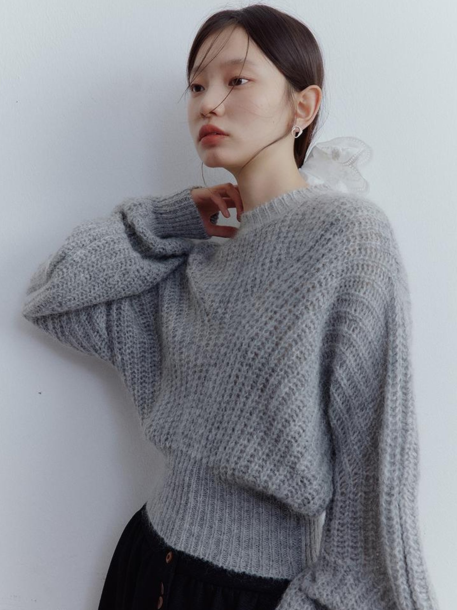 FUSSED Lazy Fuzzy Wool Mohair Cropped Sweater In Misty Grey