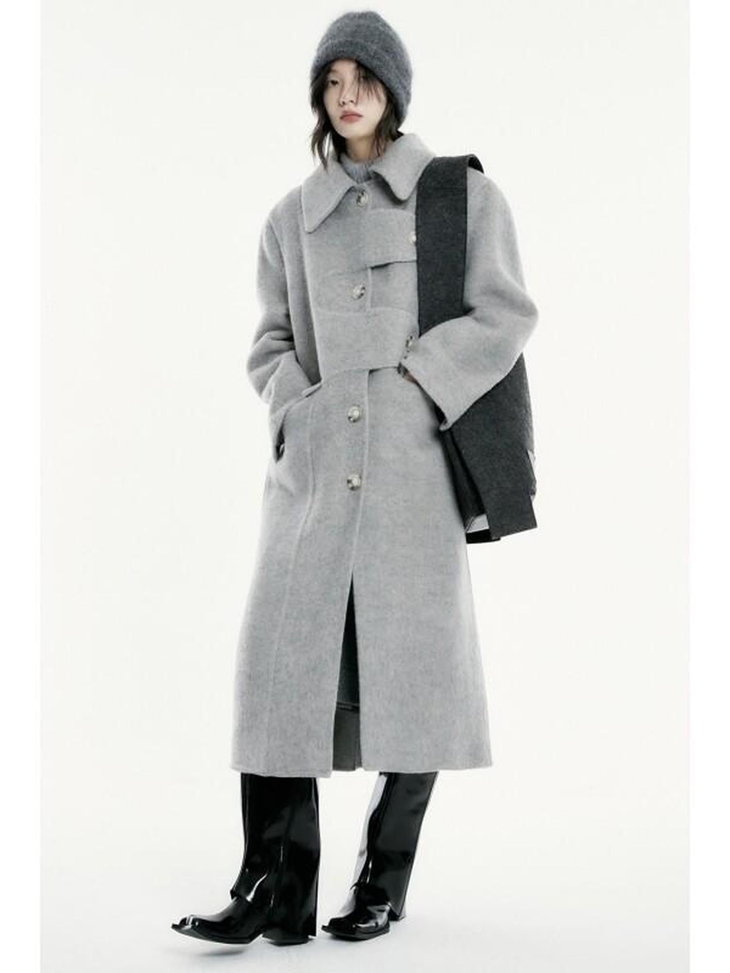 FUSSED Light Gray Asymmetric Wrap Double Face Wool Women&