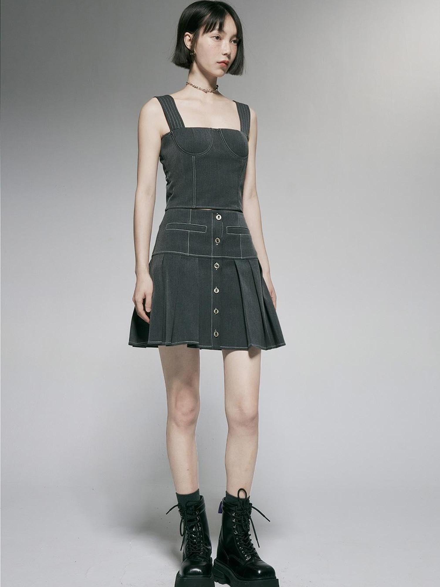 FUSSED Linear Retro Top With Contrast Stitching In Caviar Grey