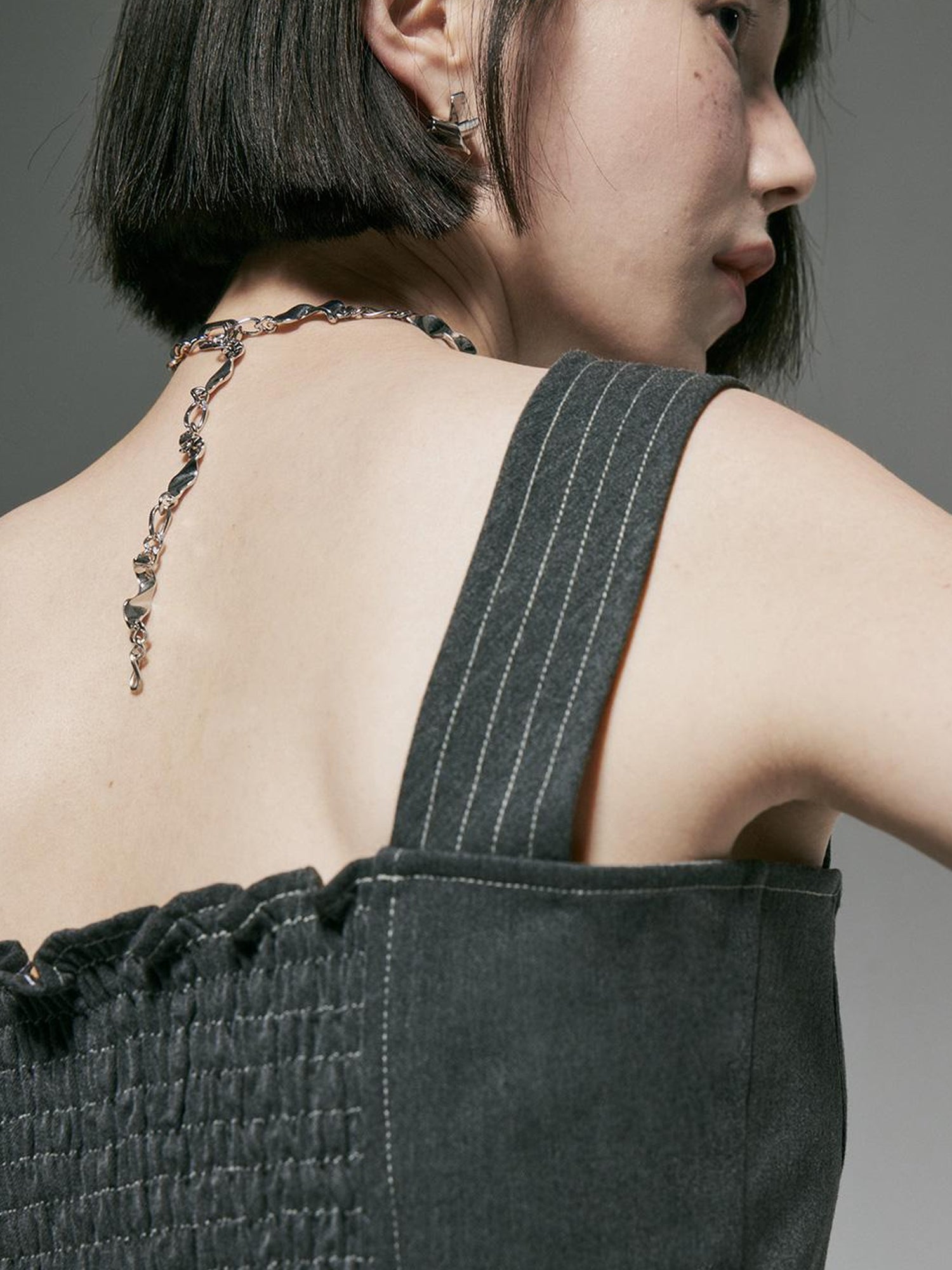 FUSSED Linear Retro Top With Contrast Stitching In Caviar Grey