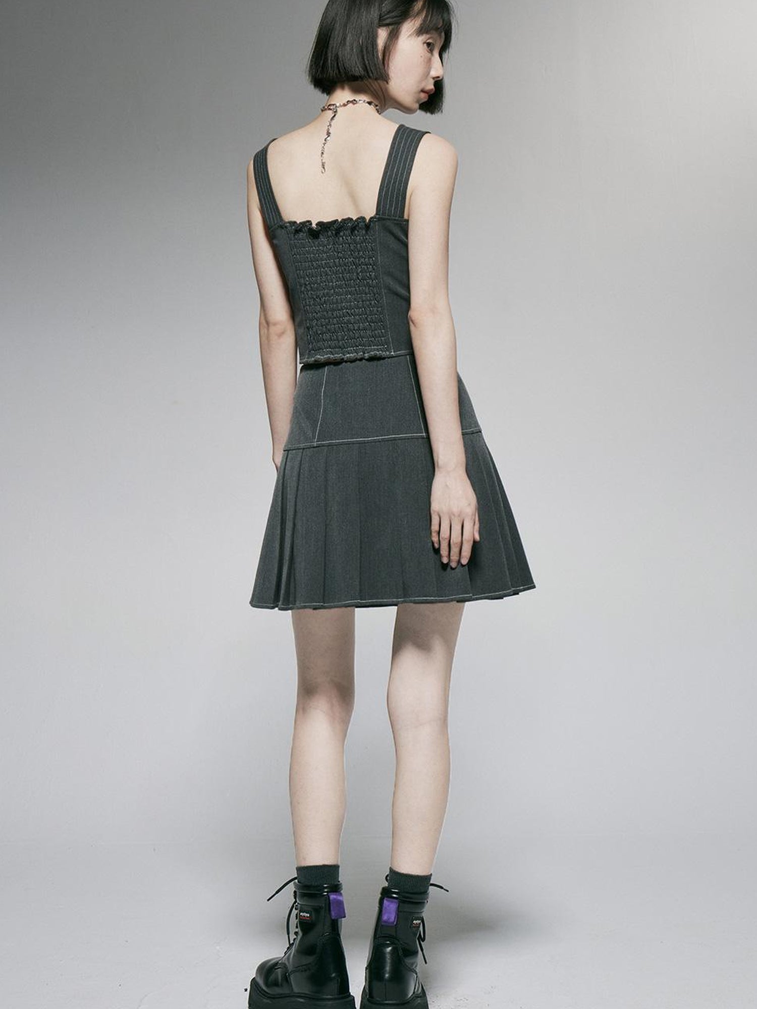 FUSSED Linear Retro Top With Contrast Stitching In Caviar Grey