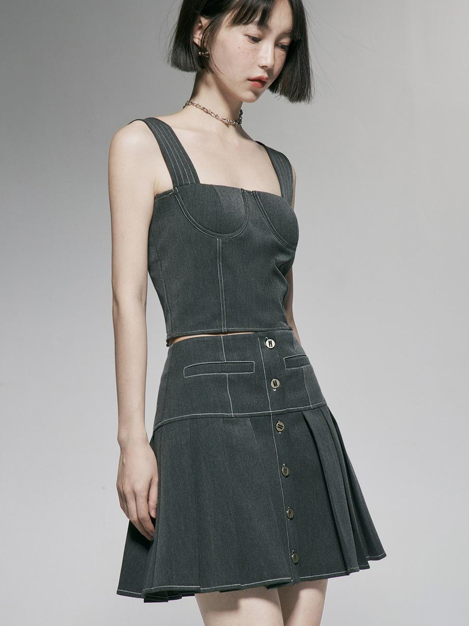 FUSSED Linear Retro Top With Contrast Stitching In Caviar Grey