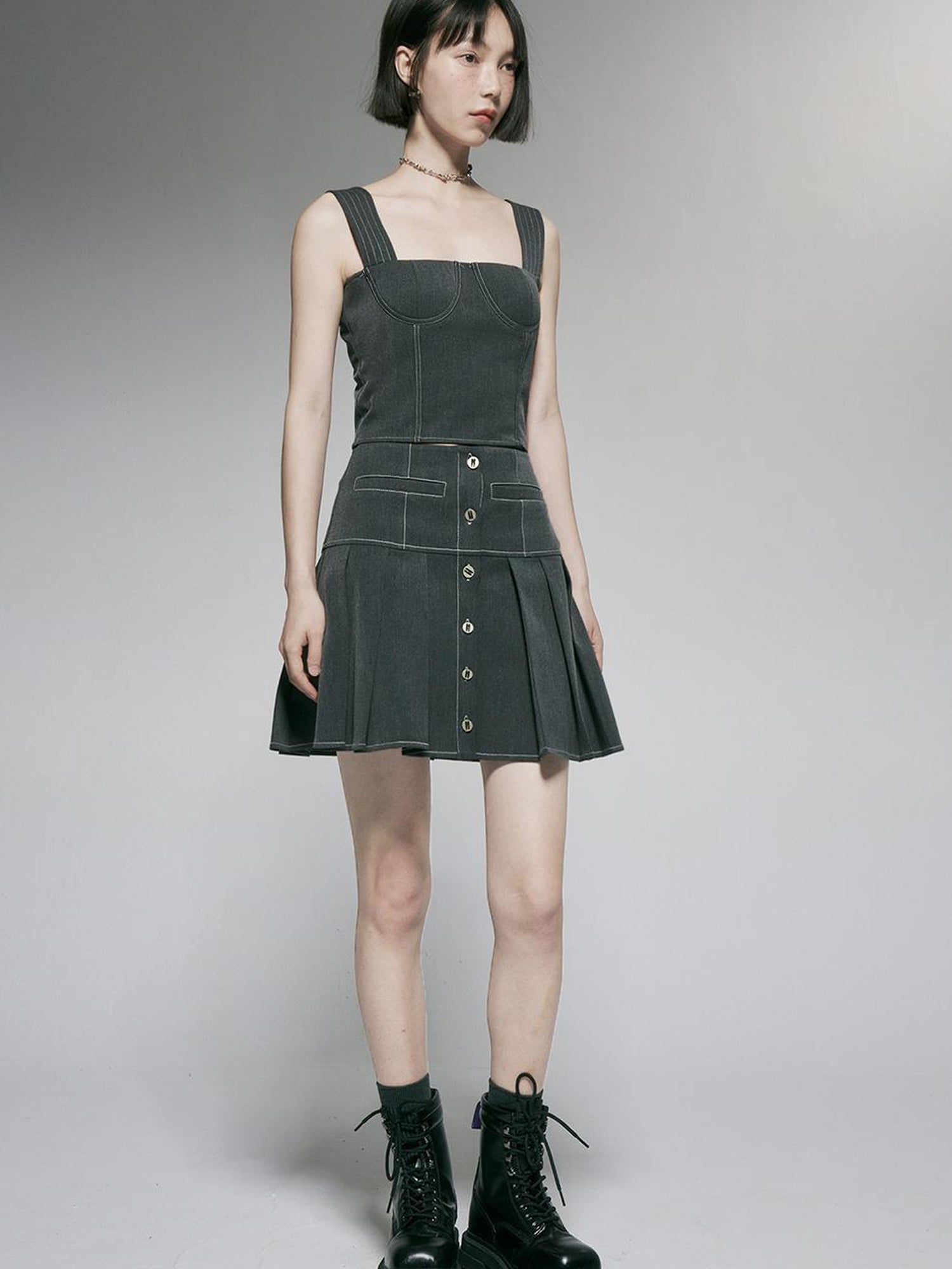 FUSSED Linear Retro Top With Contrast Stitching In Caviar Grey