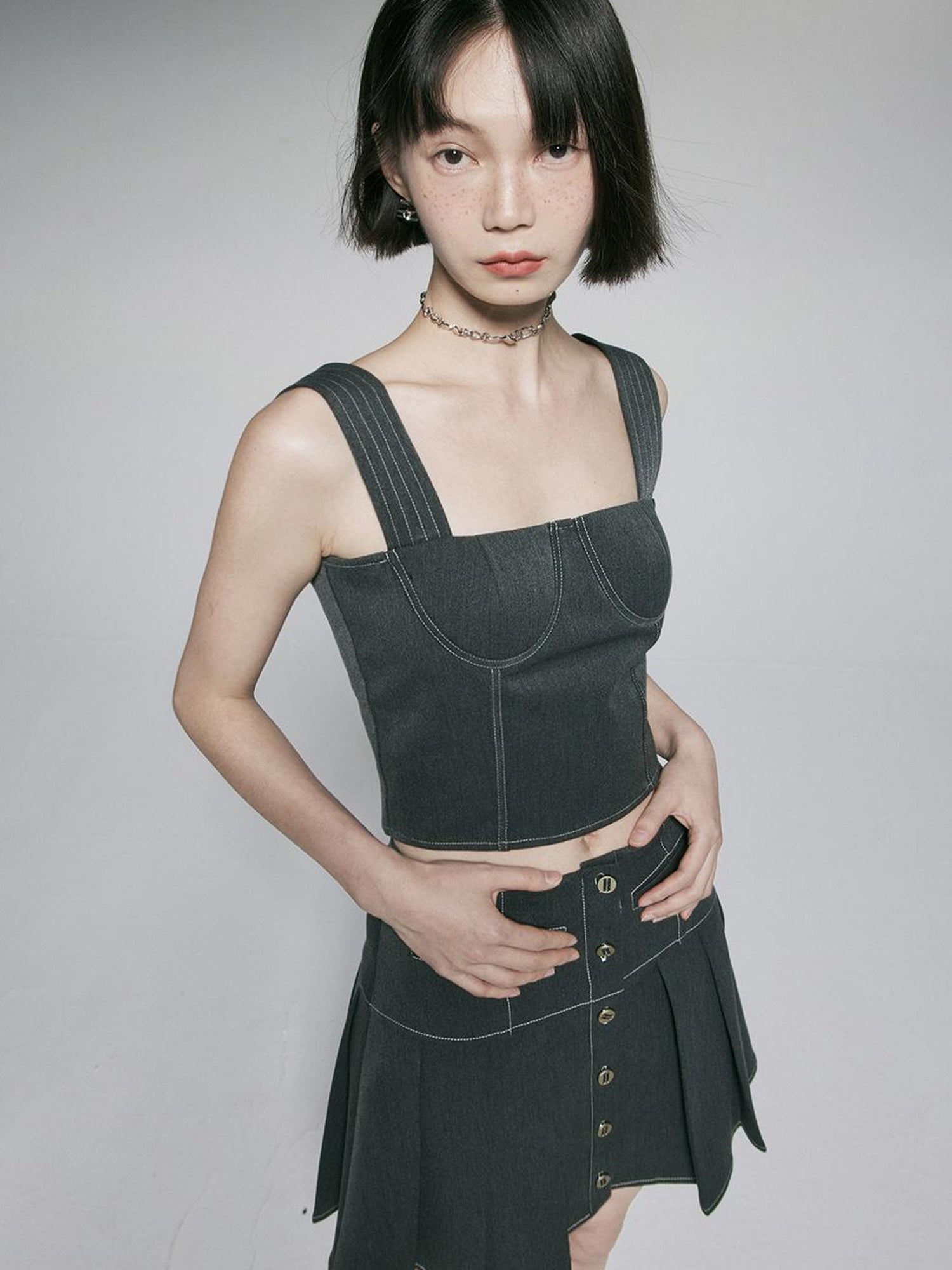 FUSSED Linear Retro Top With Contrast Stitching In Caviar Grey