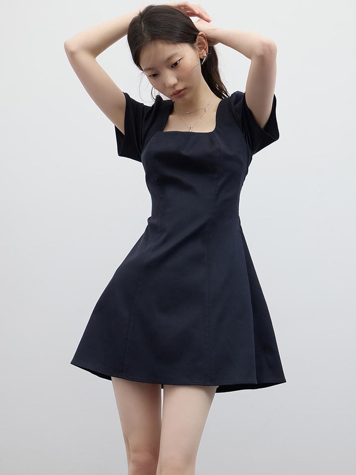 FUSSED Linen Blue Heart Neck Flared Sleeve Midi Dress