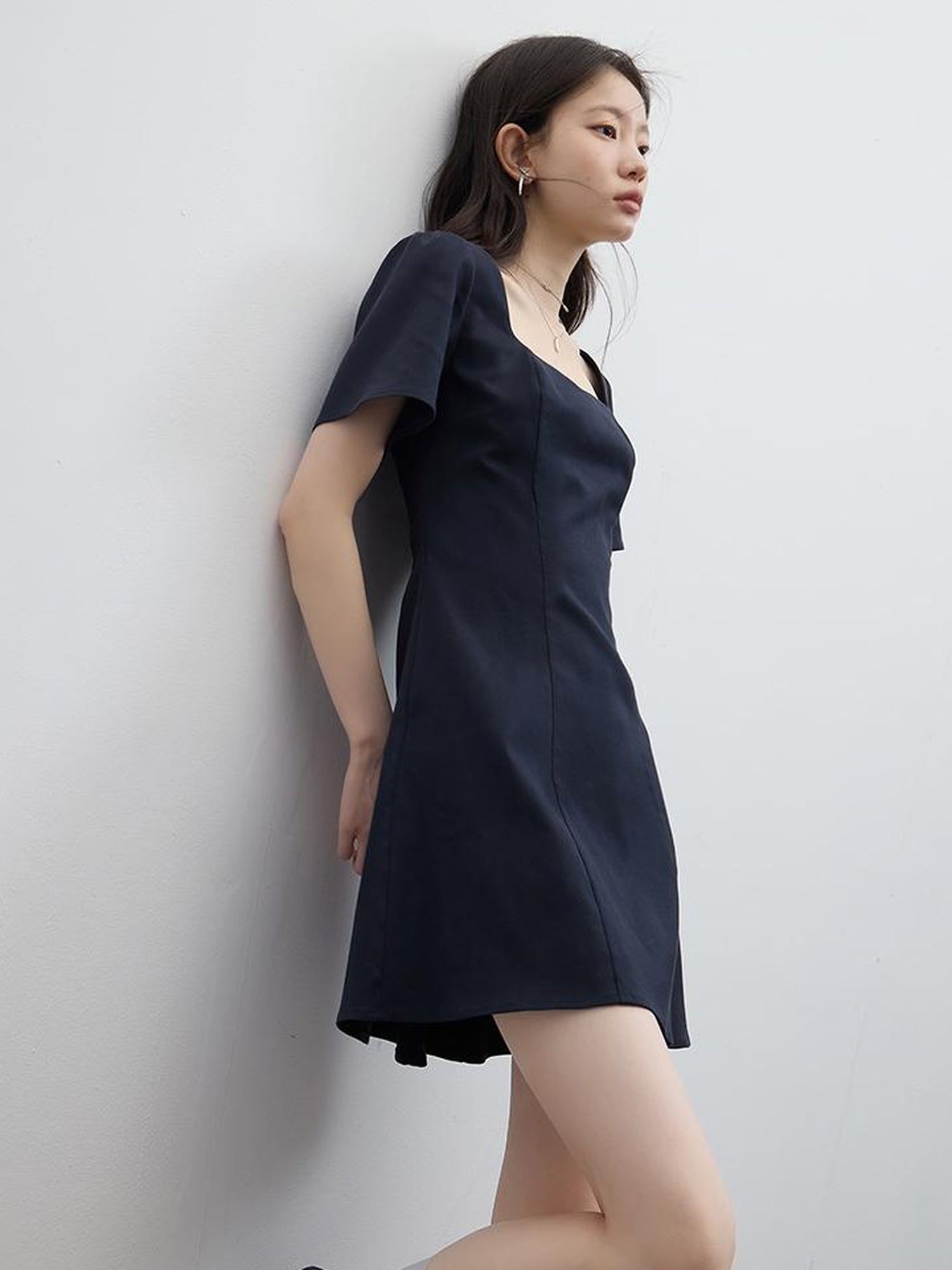 FUSSED Linen Blue Heart Neck Flared Sleeve Midi Dress