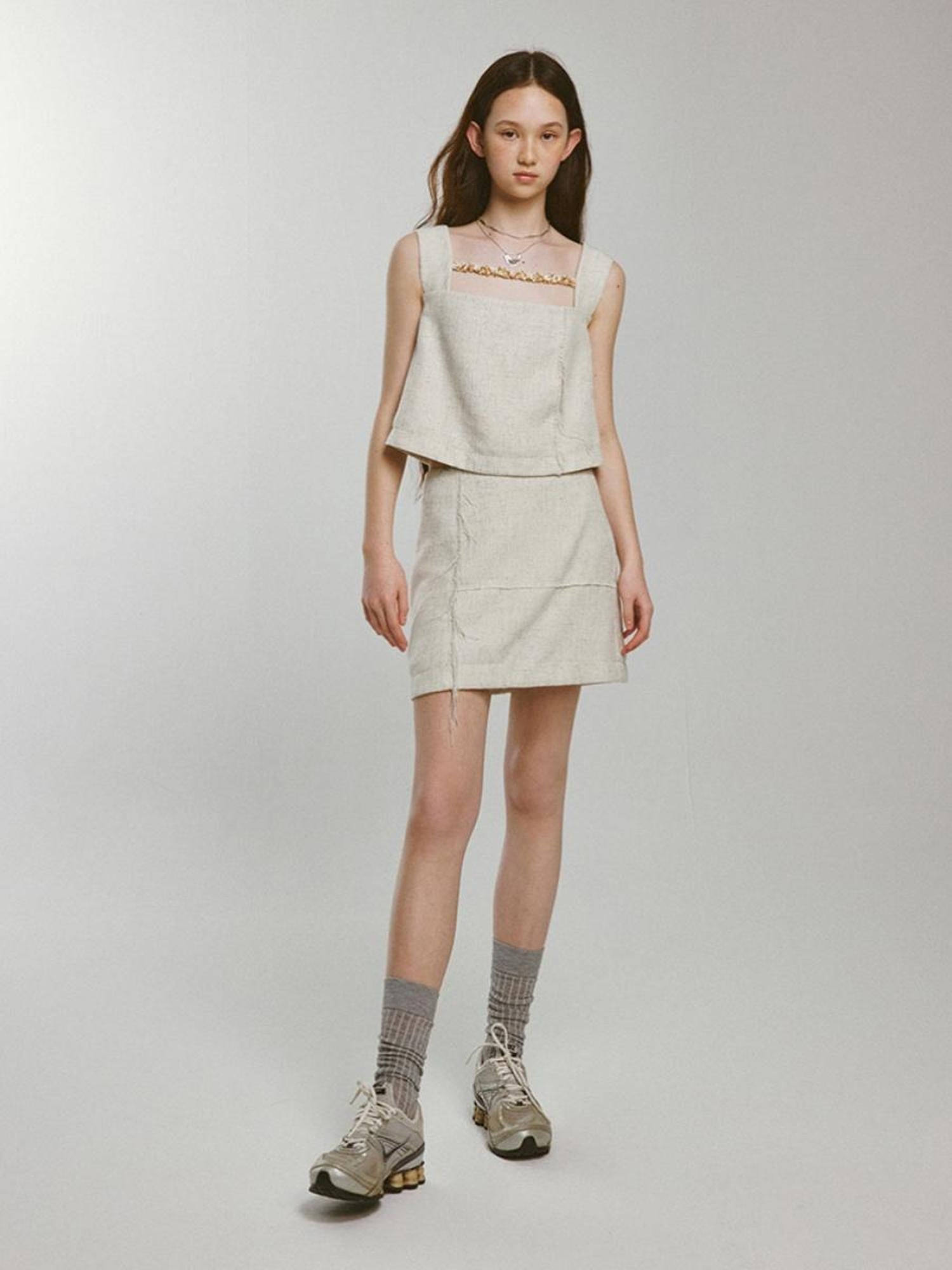 FUSSED Linen Fishbone Textured Sand Beige Vacation Set