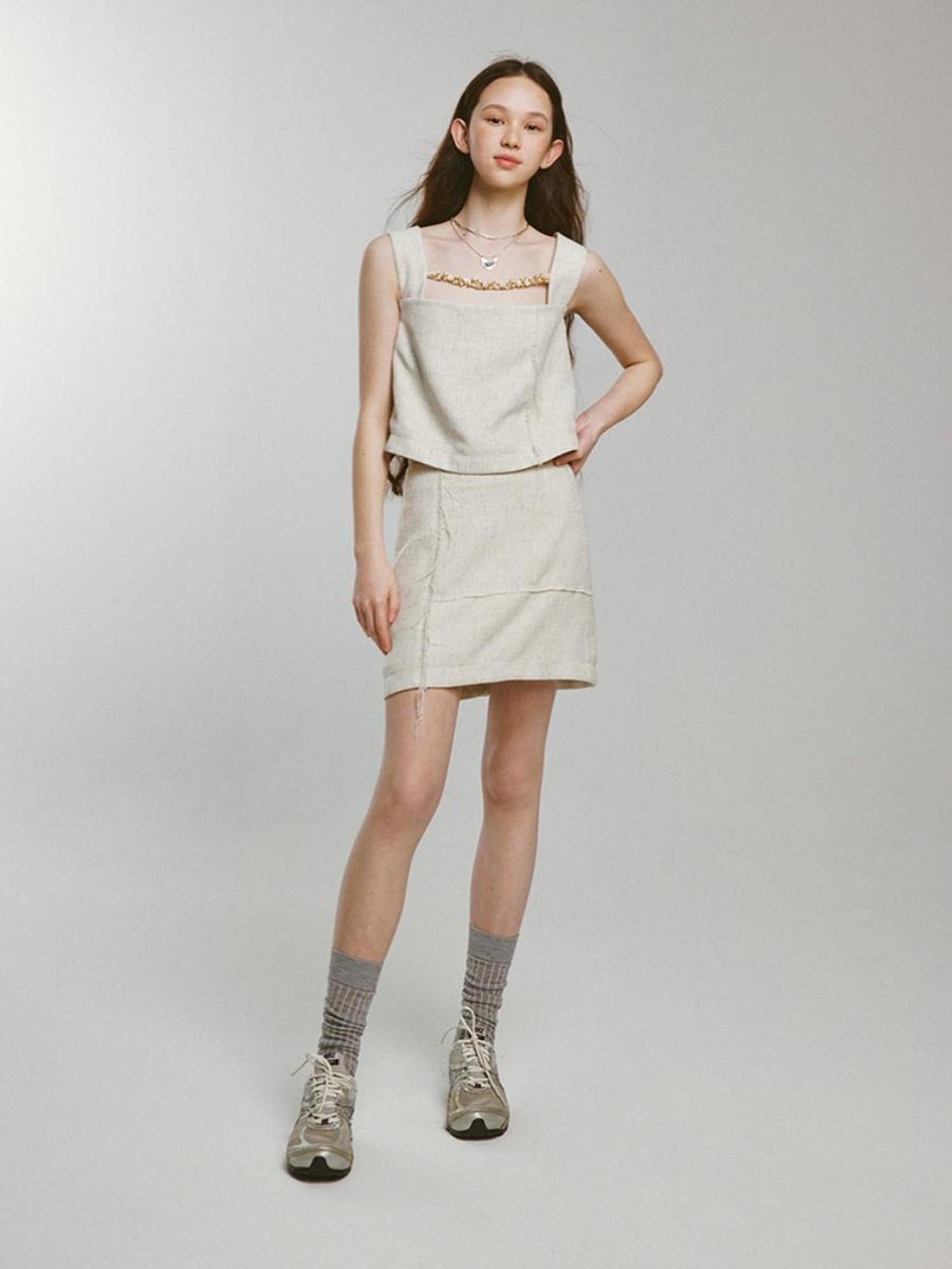 FUSSED Linen Fishbone Textured Sand Beige Vacation Set