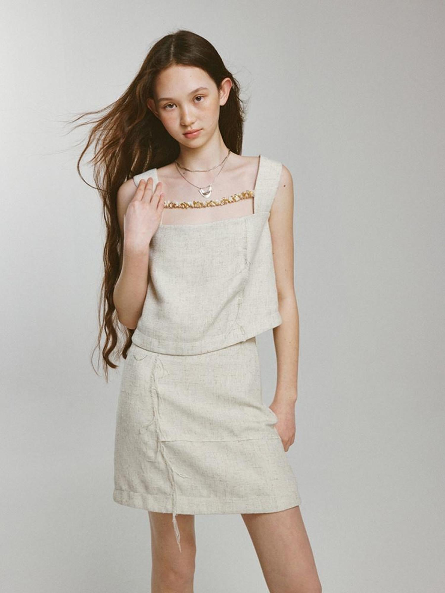 FUSSED Linen Fishbone Textured Sand Beige Vacation Set