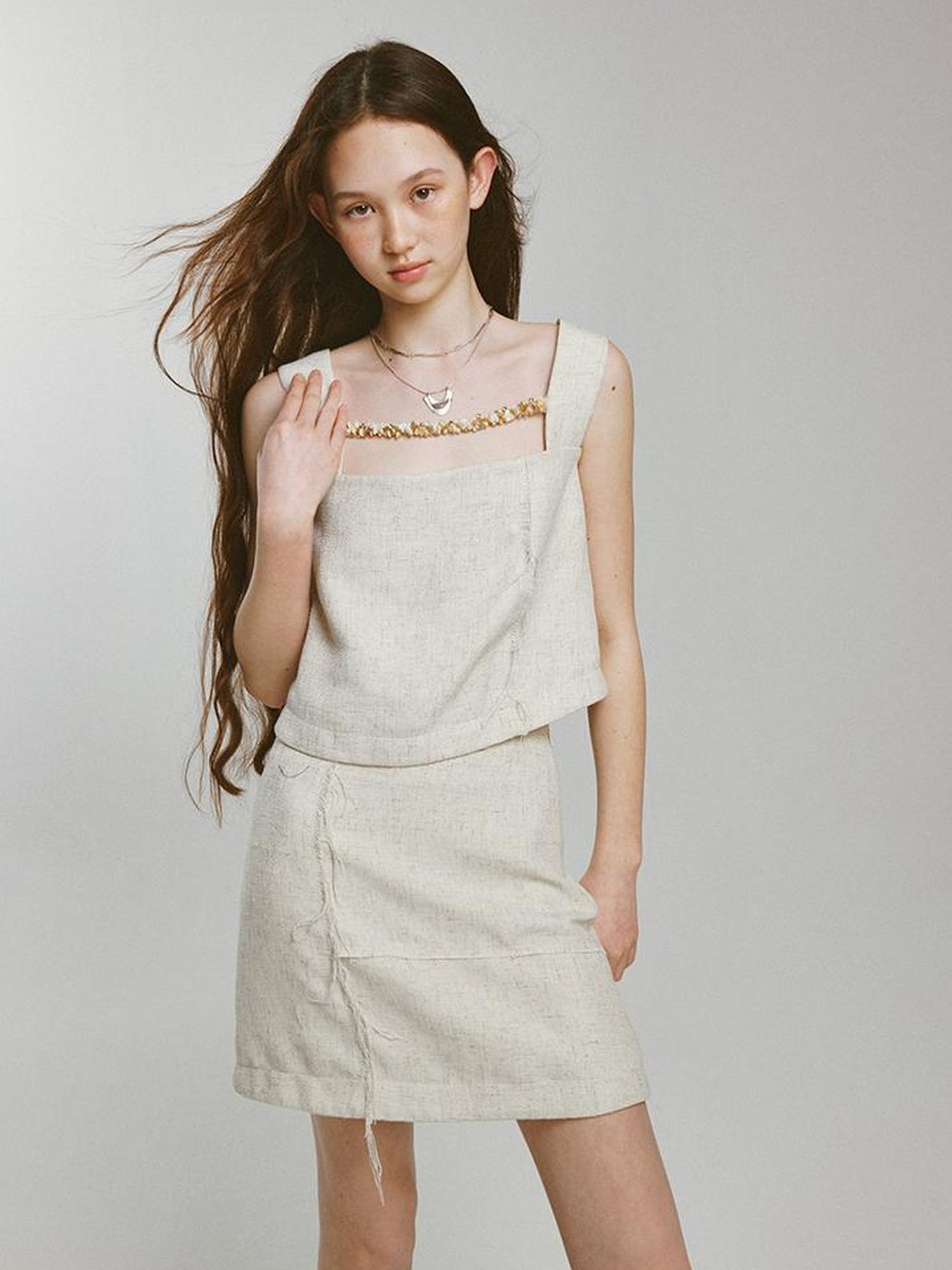 FUSSED Linen Fishbone Textured Sand Beige Vacation Set