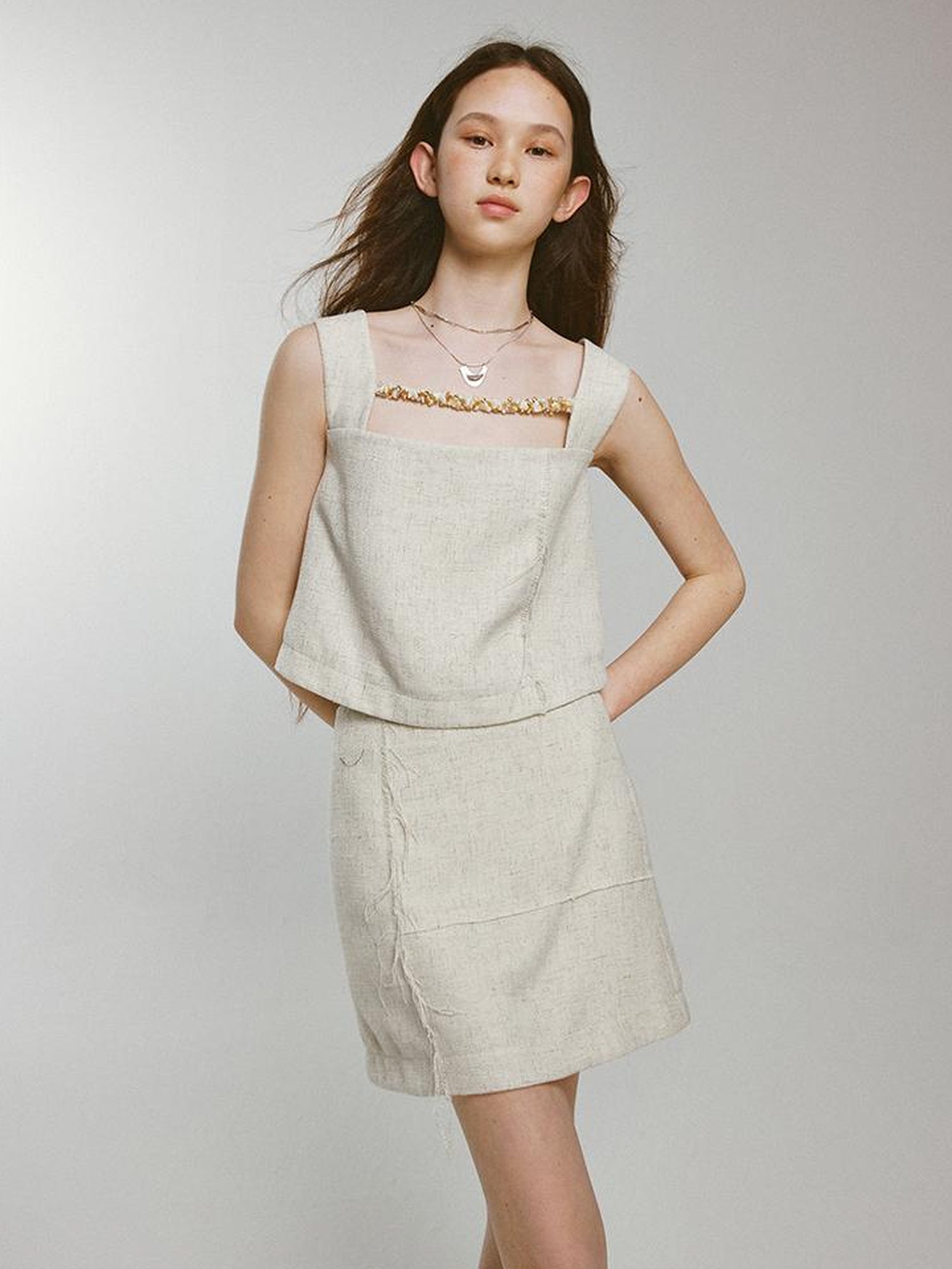 FUSSED Linen Fishbone Textured Sand Beige Vacation Set