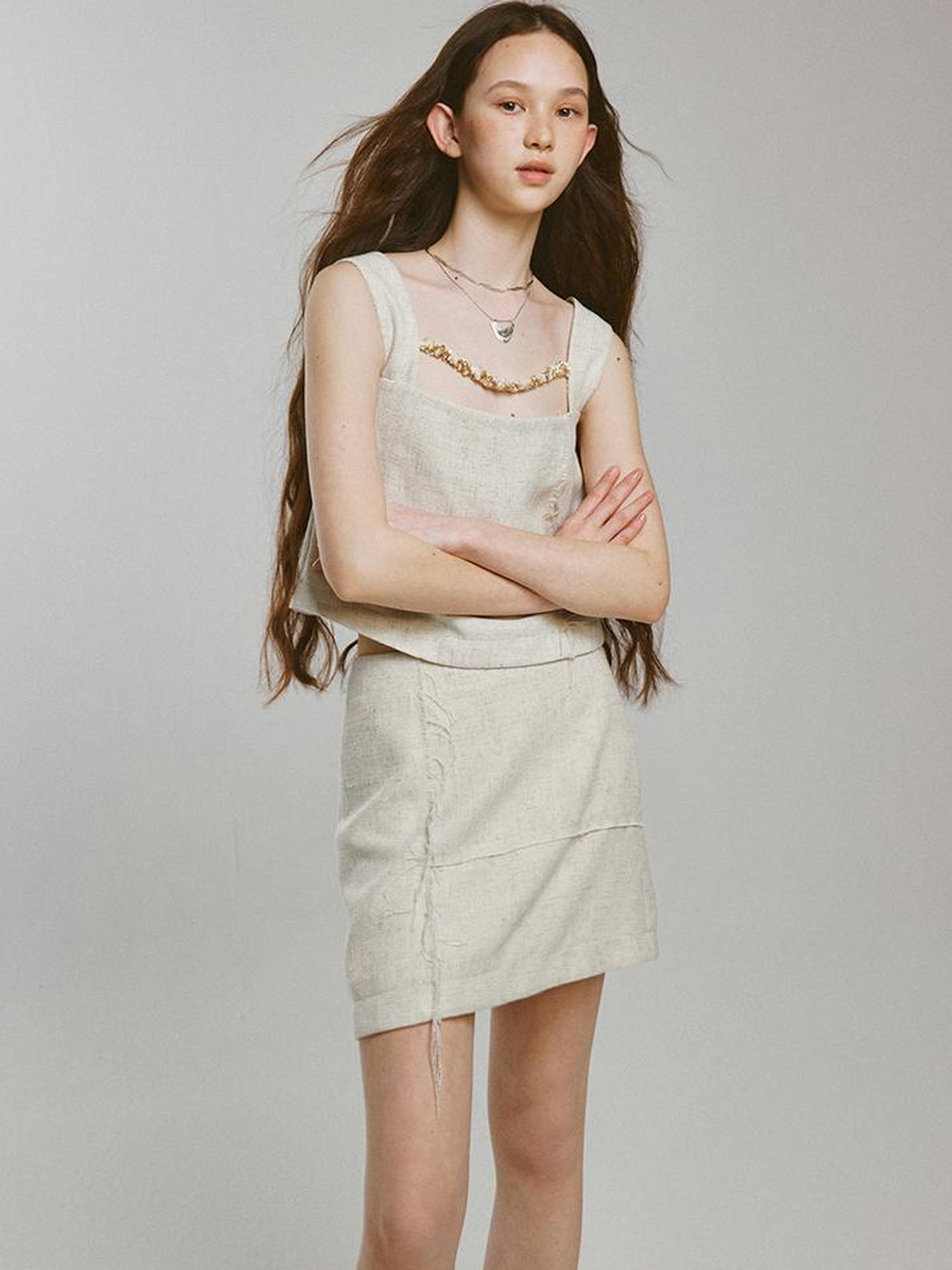 FUSSED Linen Fishbone Textured Sand Beige Vacation Set