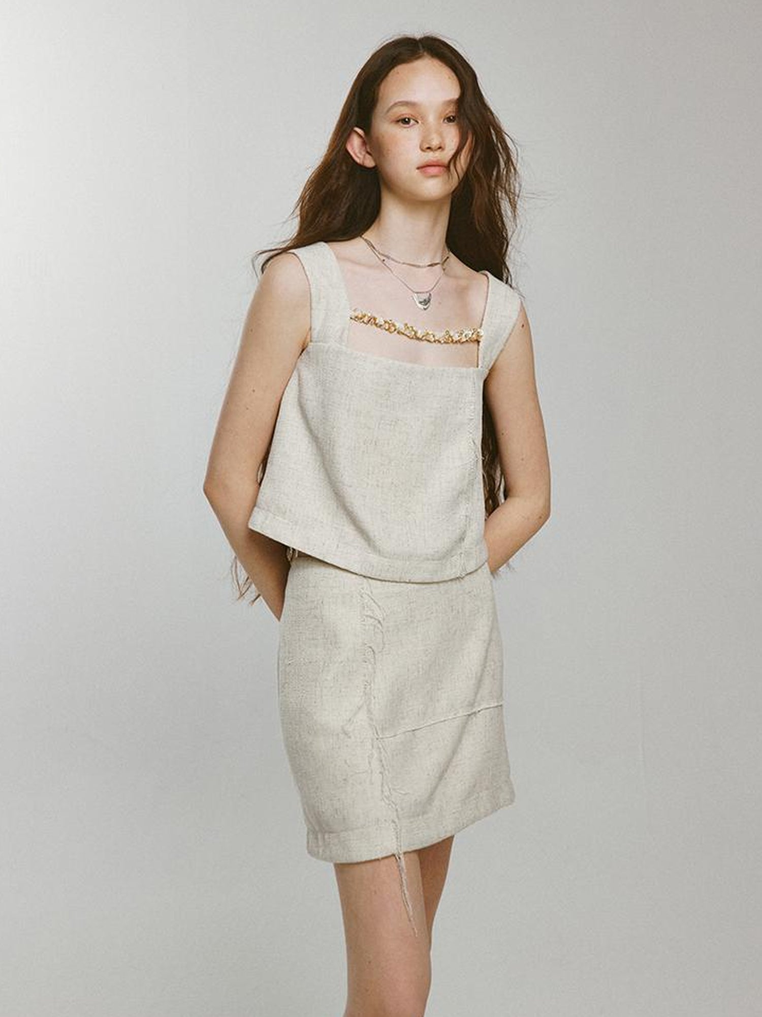 FUSSED Linen Fishbone Textured Sand Beige Vacation Set