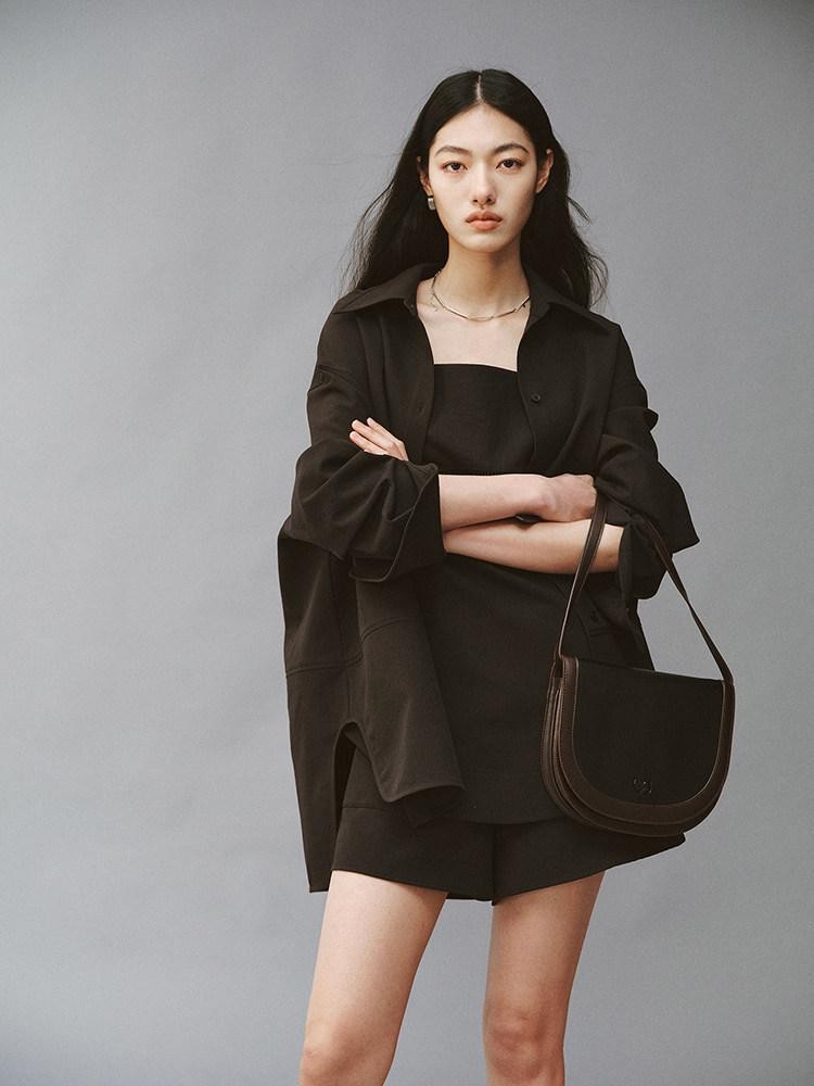 FUSSED Linen Texture Shell Buttons Polo Collar Women&