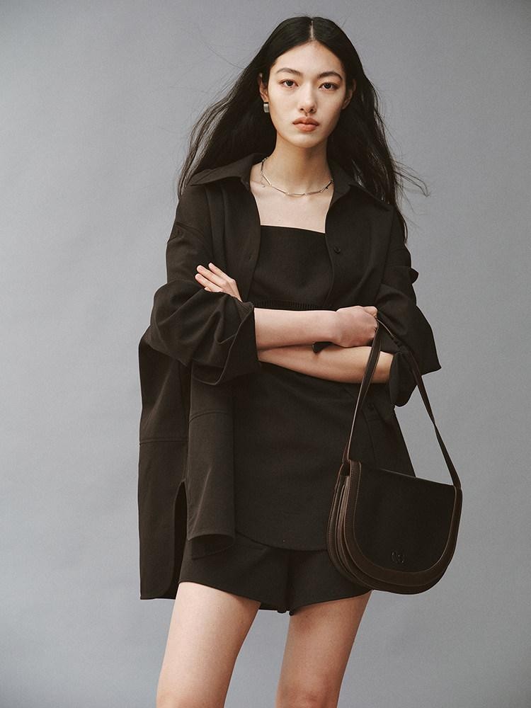 FUSSED Linen Texture Shell Buttons Polo Collar Women&