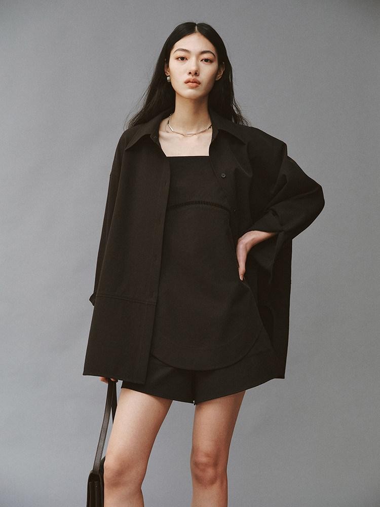 FUSSED Linen Texture Shell Buttons Polo Collar Women&