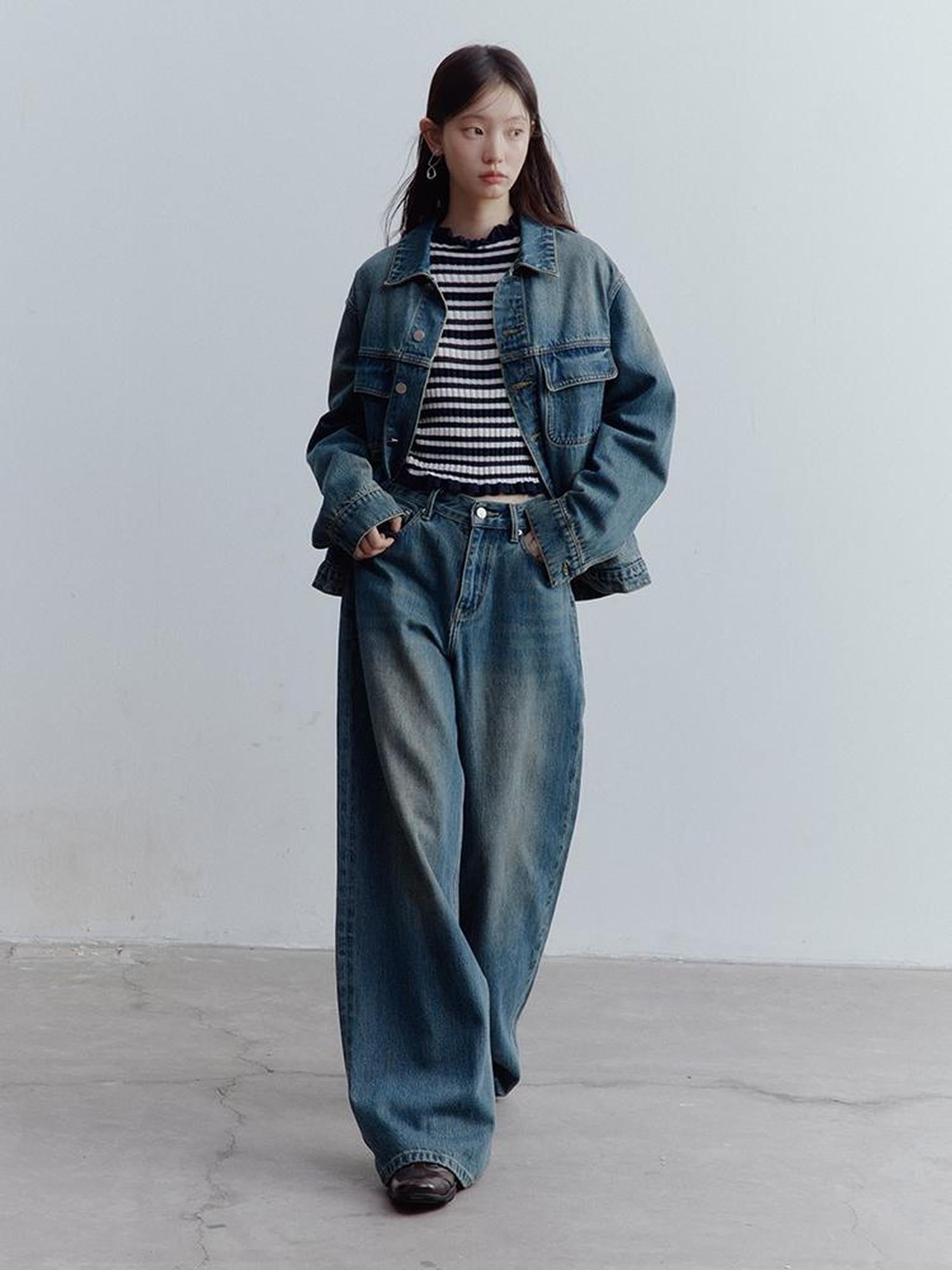 FUSSED Low Rise Vintage Blue Wide Leg Denim Jeans for Women