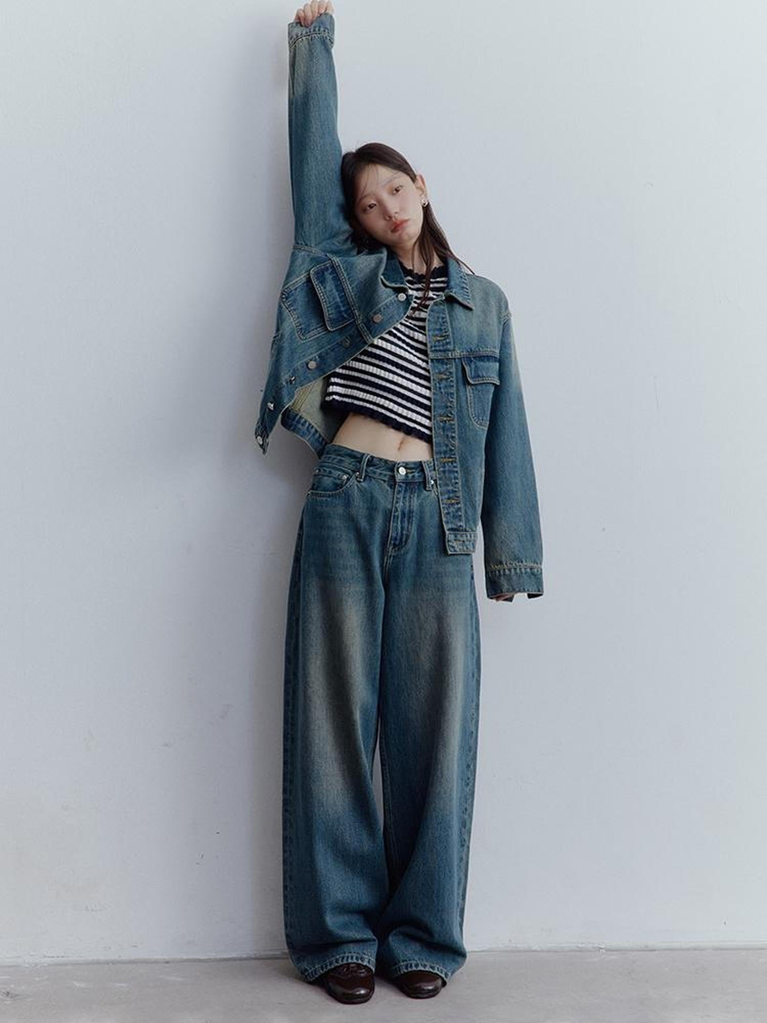 FUSSED Low Rise Vintage Blue Wide Leg Denim Jeans for Women