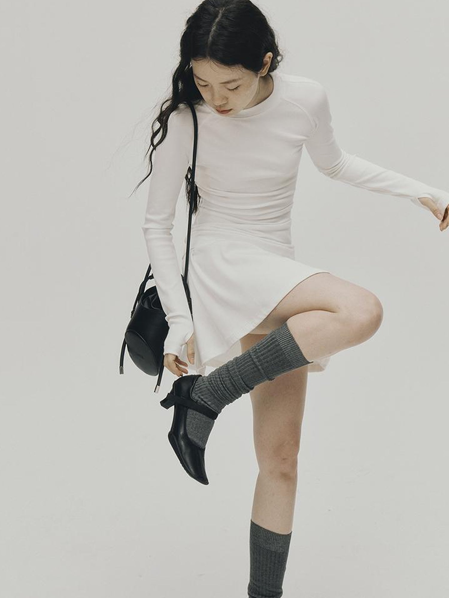 FUSSED Low Waist Stacked Ribbed Knit Dress with Raglan Sleeves