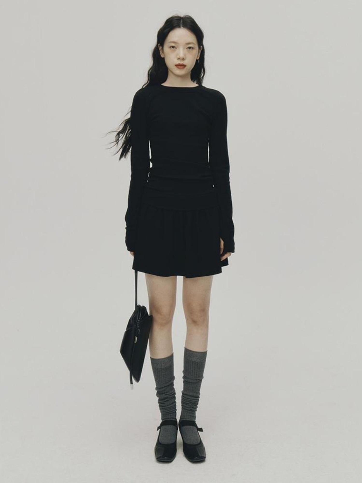 FUSSED Low Waist Stacked Ribbed Knit Dress with Raglan Sleeves
