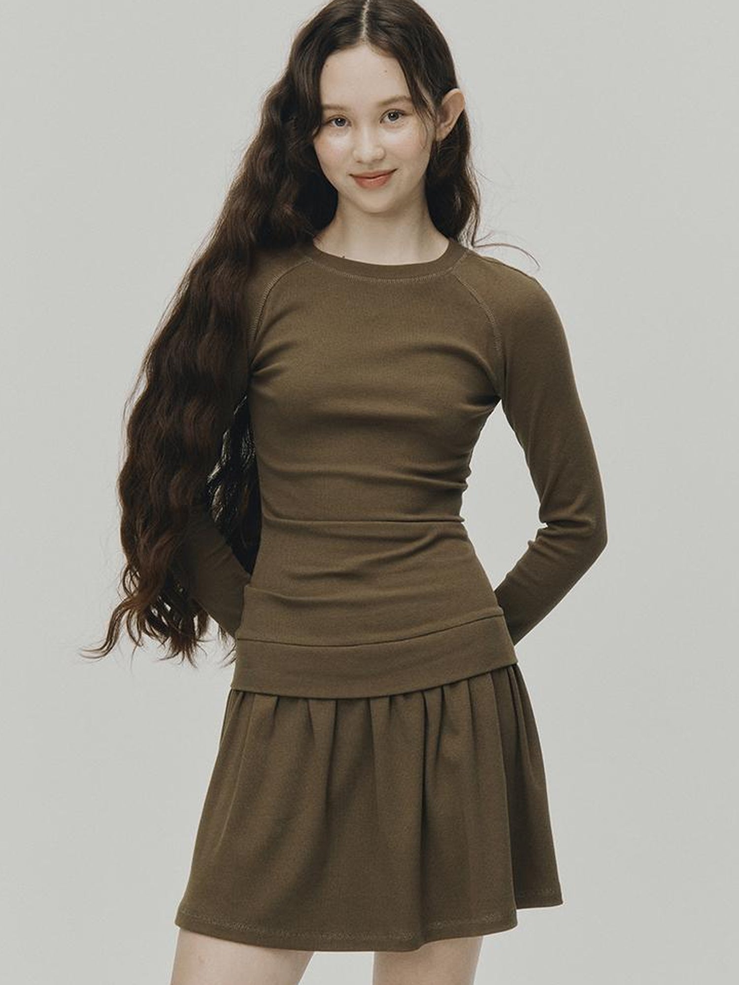 FUSSED Low Waist Stacked Ribbed Knit Dress with Raglan Sleeves