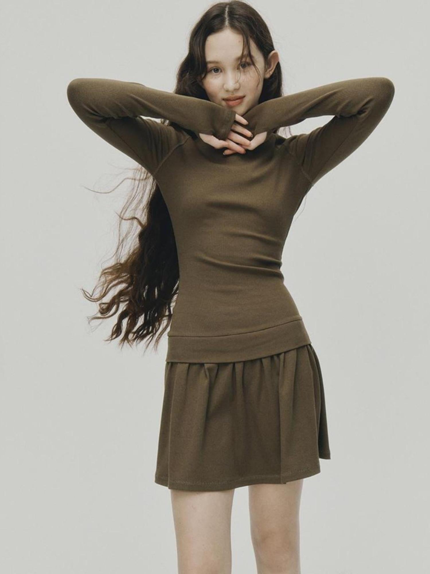 FUSSED Low Waist Stacked Ribbed Knit Dress with Raglan Sleeves