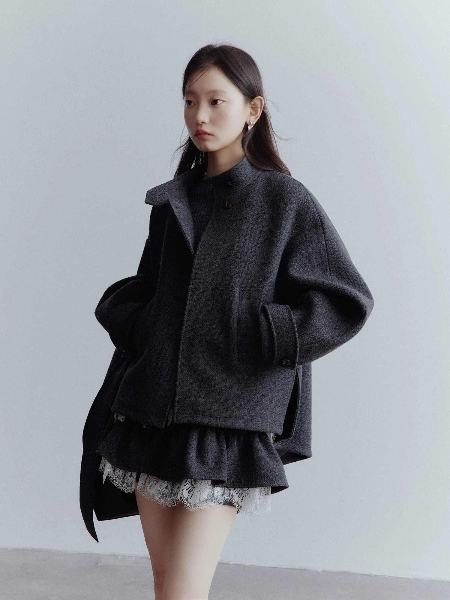 Manta Wool Blend Textured Asymmetric Collar Coat