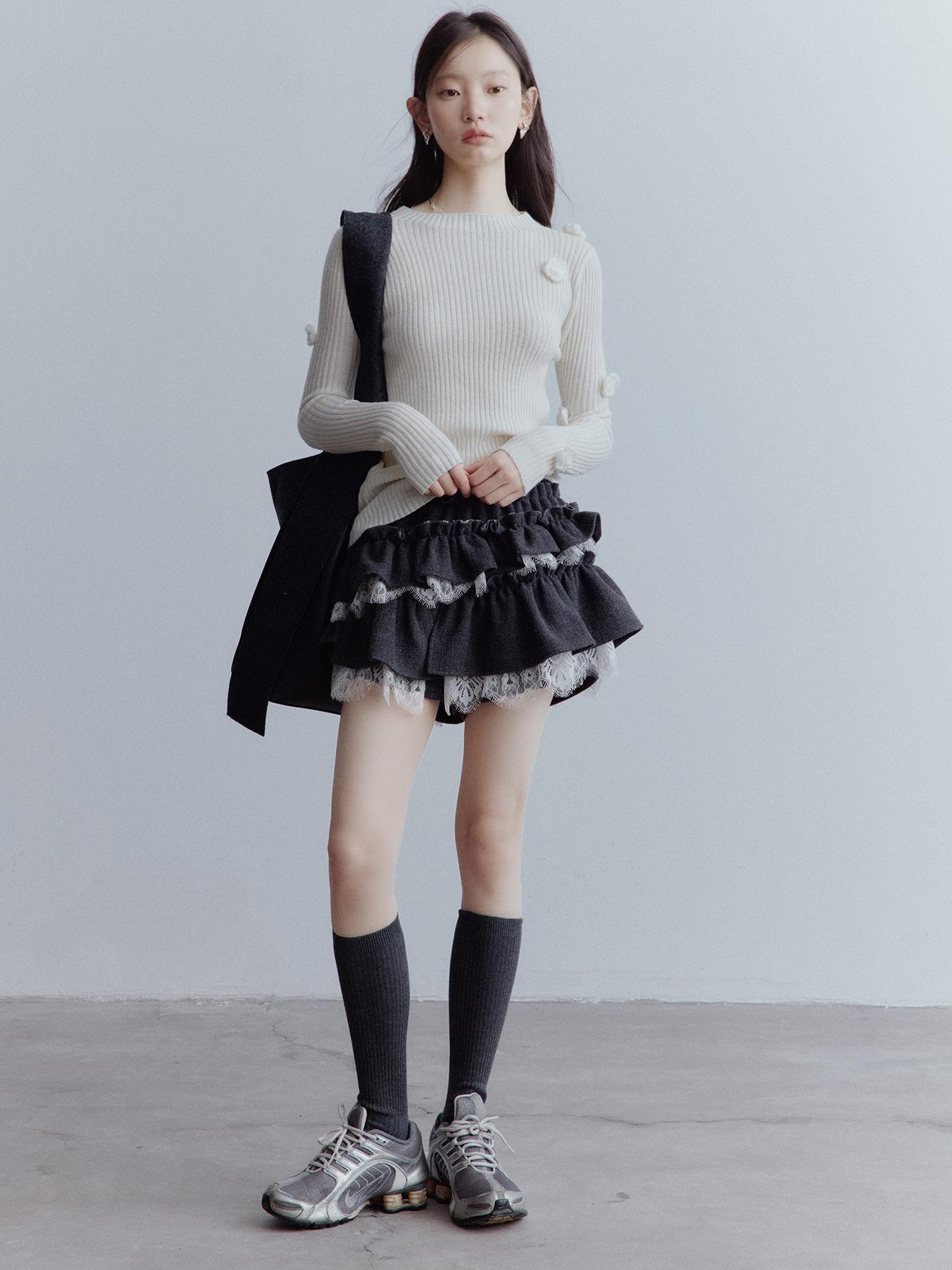 FUSSED Manta Wool Lace Asymmetrical A Line Skort In Meteor Grey