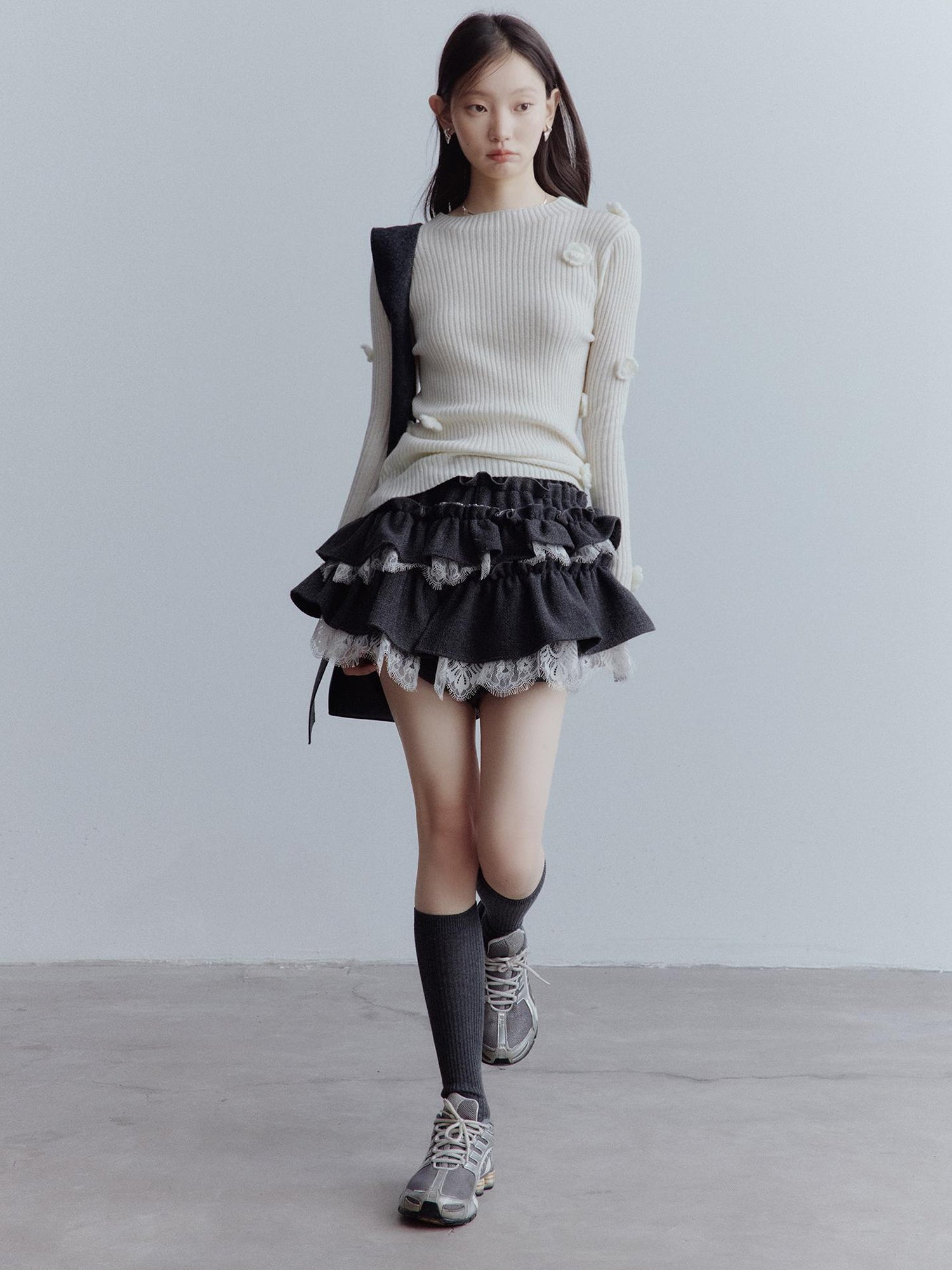 FUSSED Manta Wool Lace Asymmetrical A Line Skort In Meteor Grey