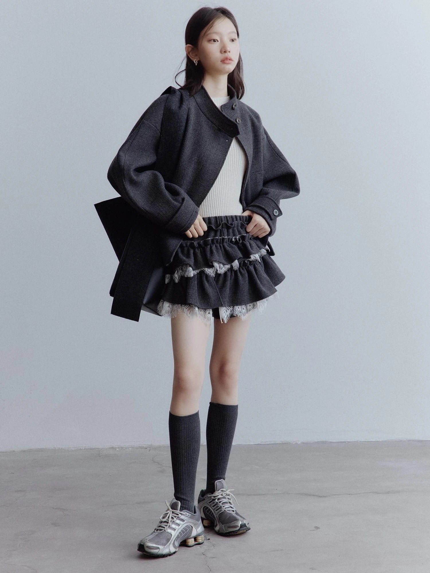 Manta Wool Lace Asymmetrical A Line Skort In Meteor Grey