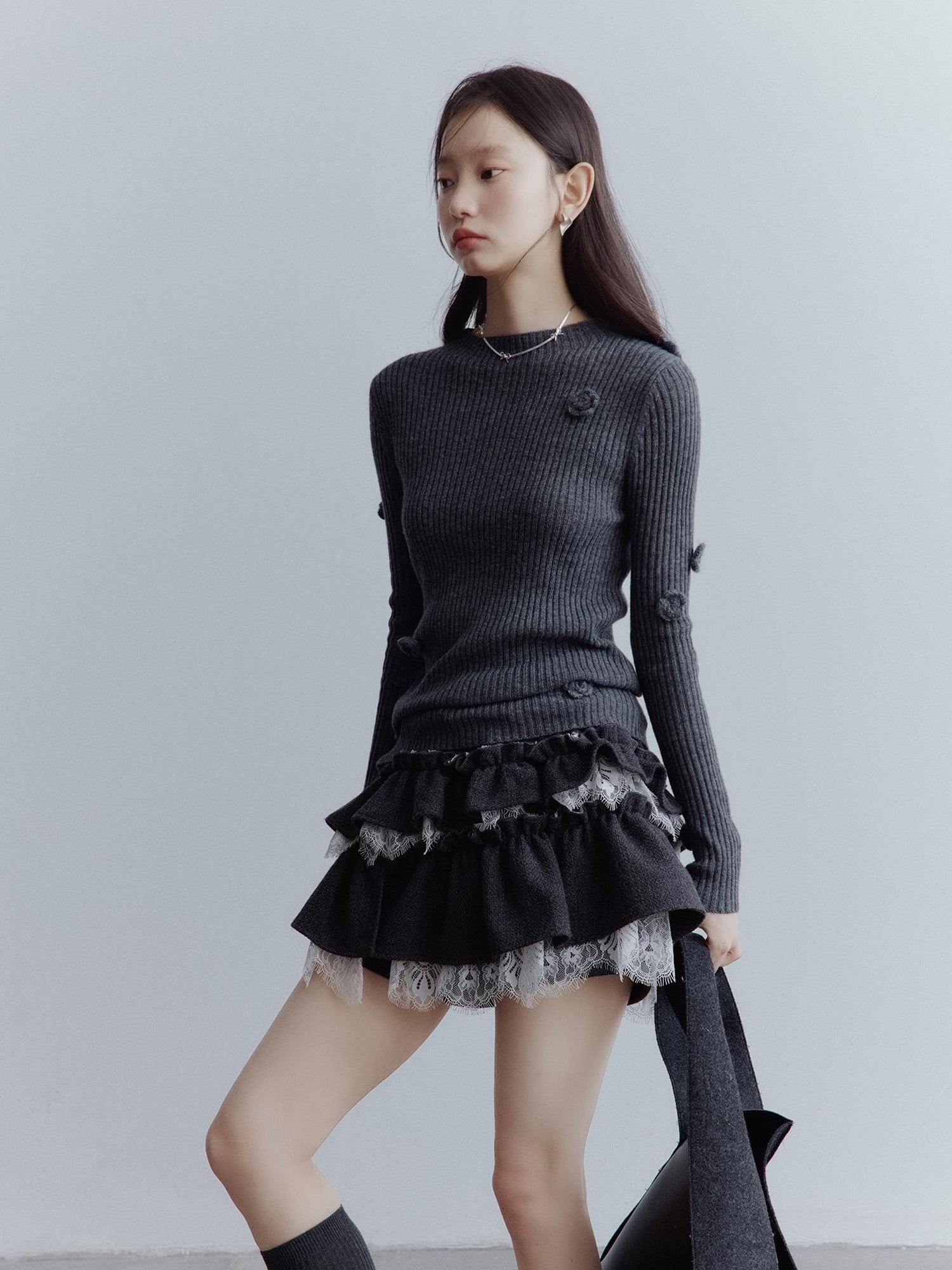 FUSSED Manta Wool Lace Asymmetrical A Line Skort In Meteor Grey