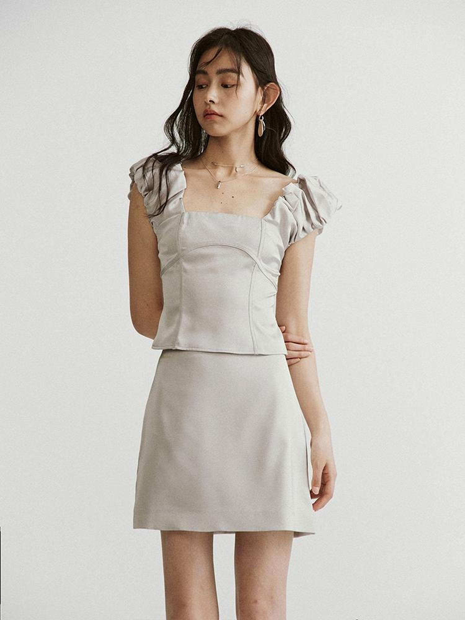 FUSSED Metallic Silver Bubble Cloud Puff Sleeve Crop Top V-neck A Line Skirt Set