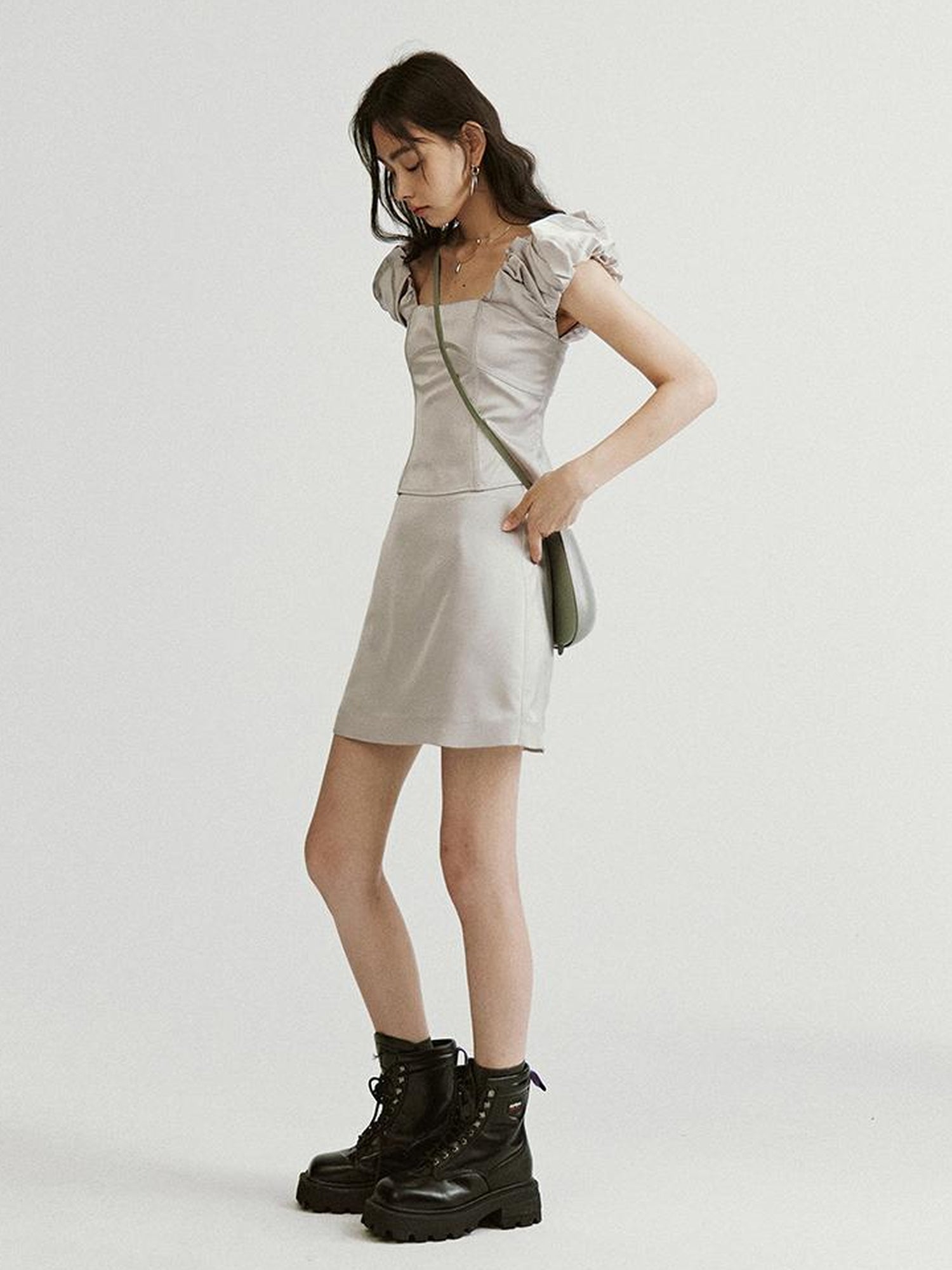 FUSSED Metallic Silver Bubble Cloud Puff Sleeve Crop Top V-neck A Line Skirt Set