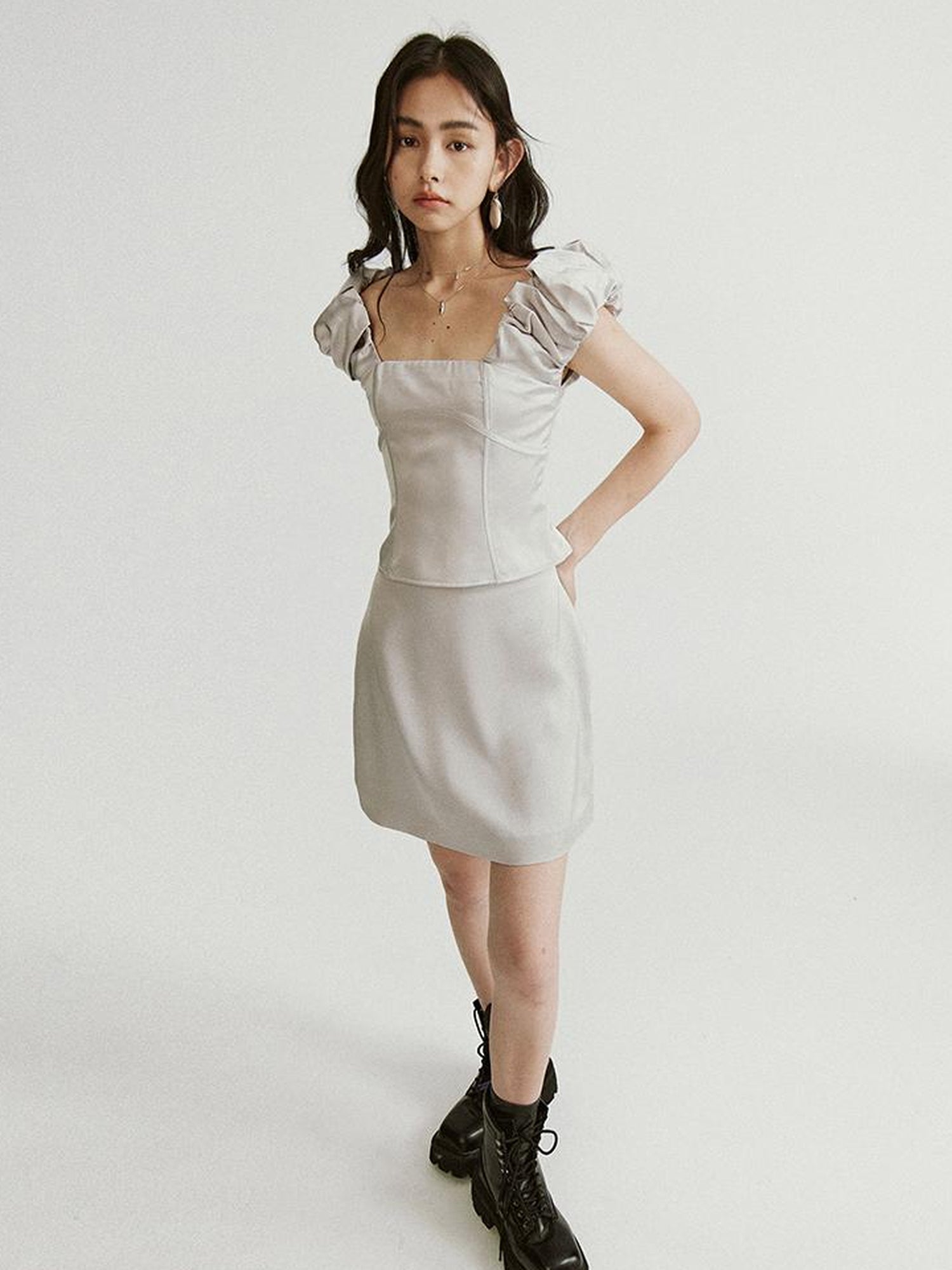 FUSSED Metallic Silver Bubble Cloud Puff Sleeve Crop Top V-neck A Line Skirt Set