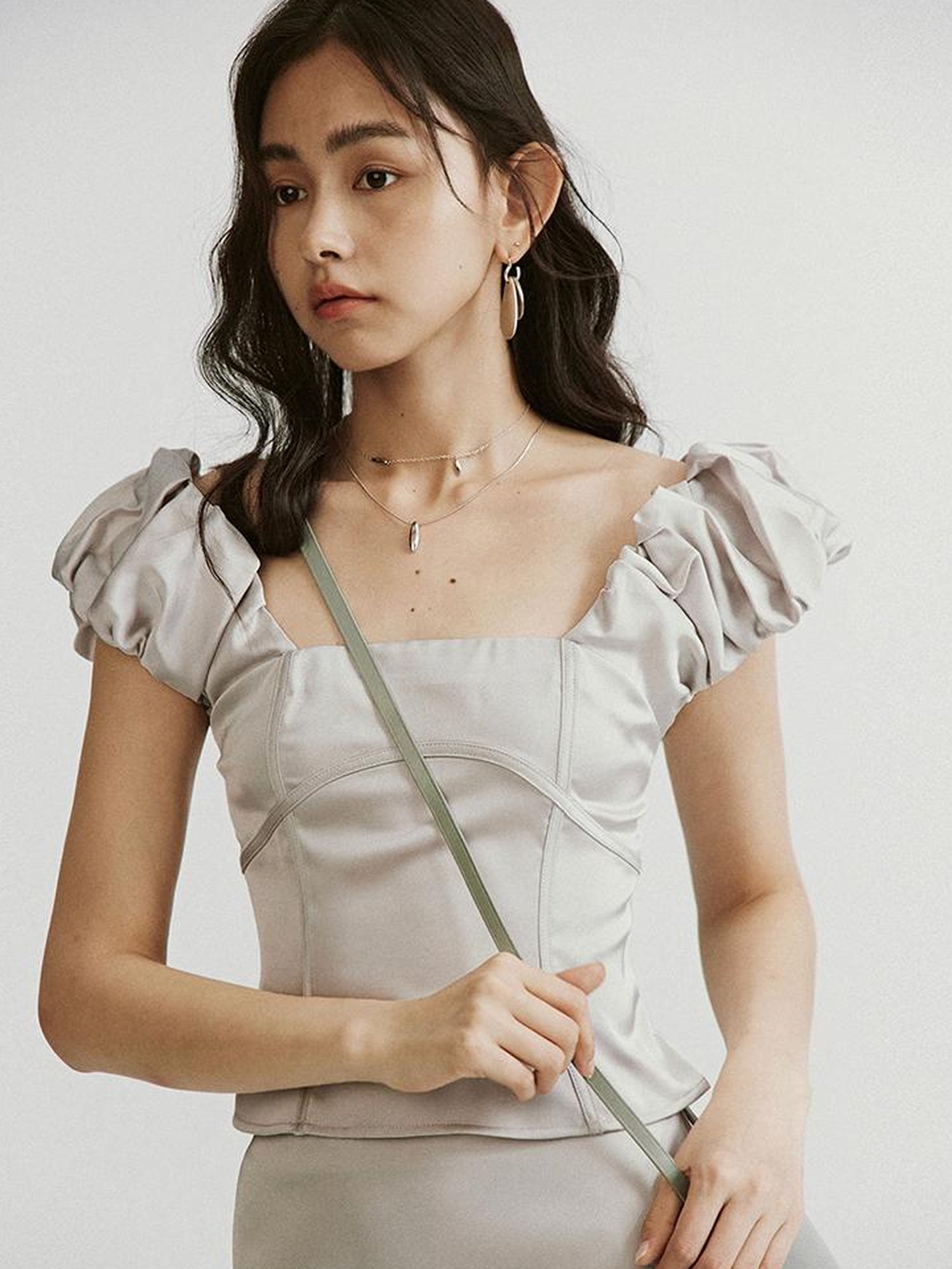 FUSSED Metallic Silver Bubble Cloud Puff Sleeve Crop Top V-neck A Line Skirt Set