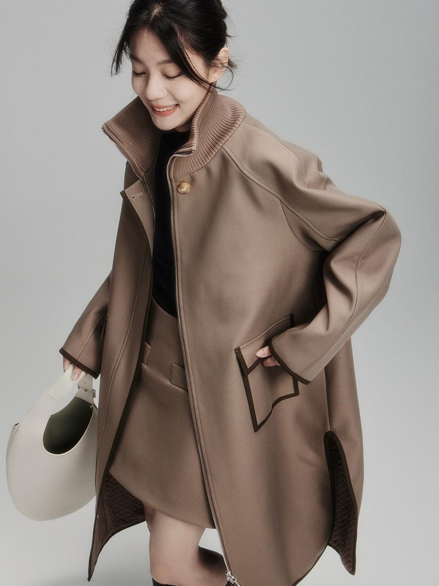 FUSSED Metallic Taupe Silk Touch Quilted Trench Coat