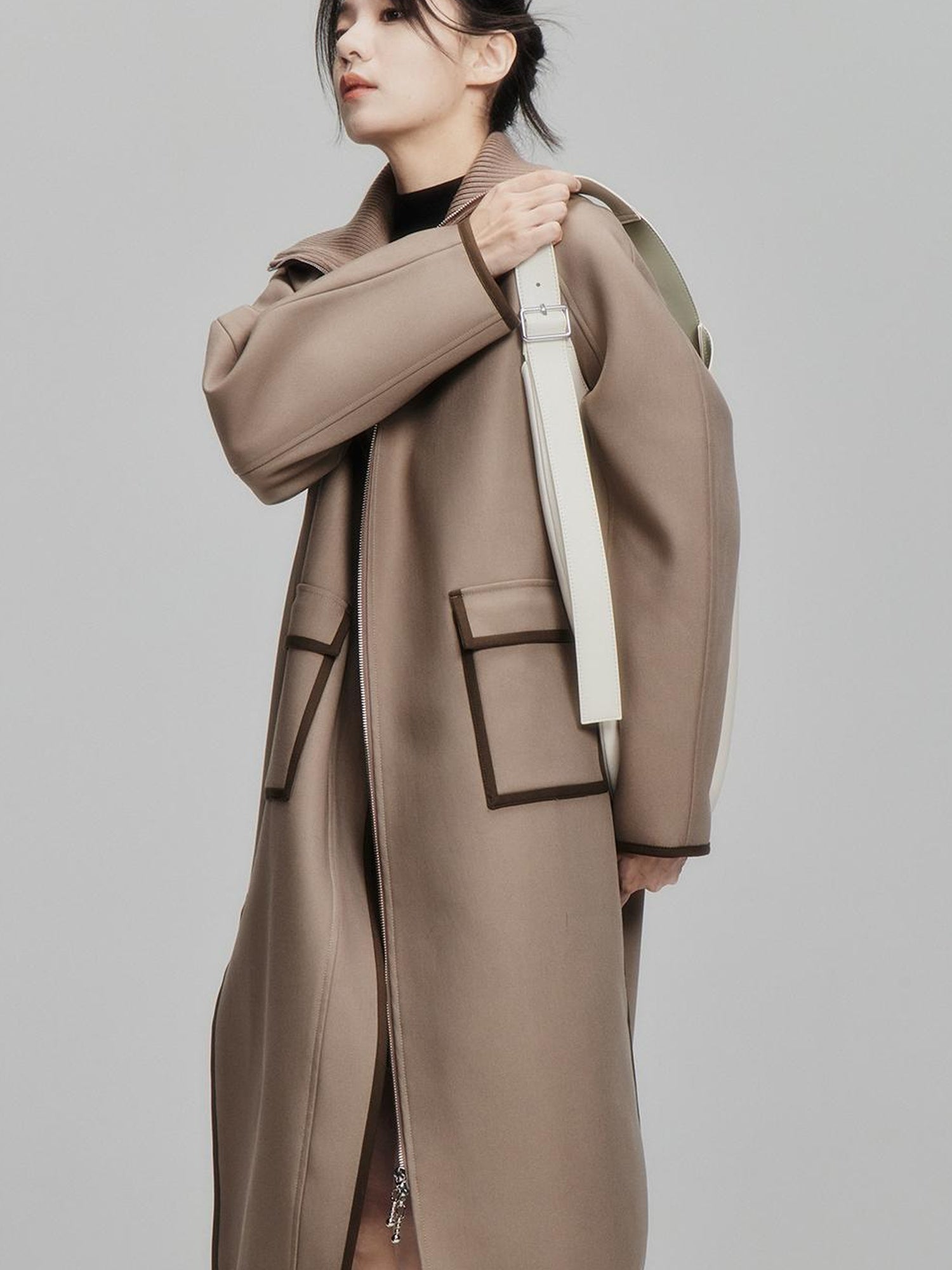 FUSSED Metallic Taupe Silk Touch Quilted Trench Coat