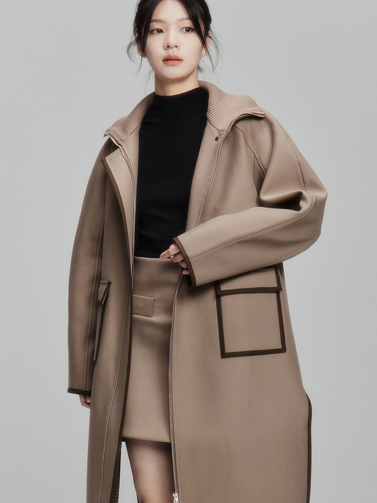 FUSSED Metallic Taupe Silk Touch Quilted Trench Coat