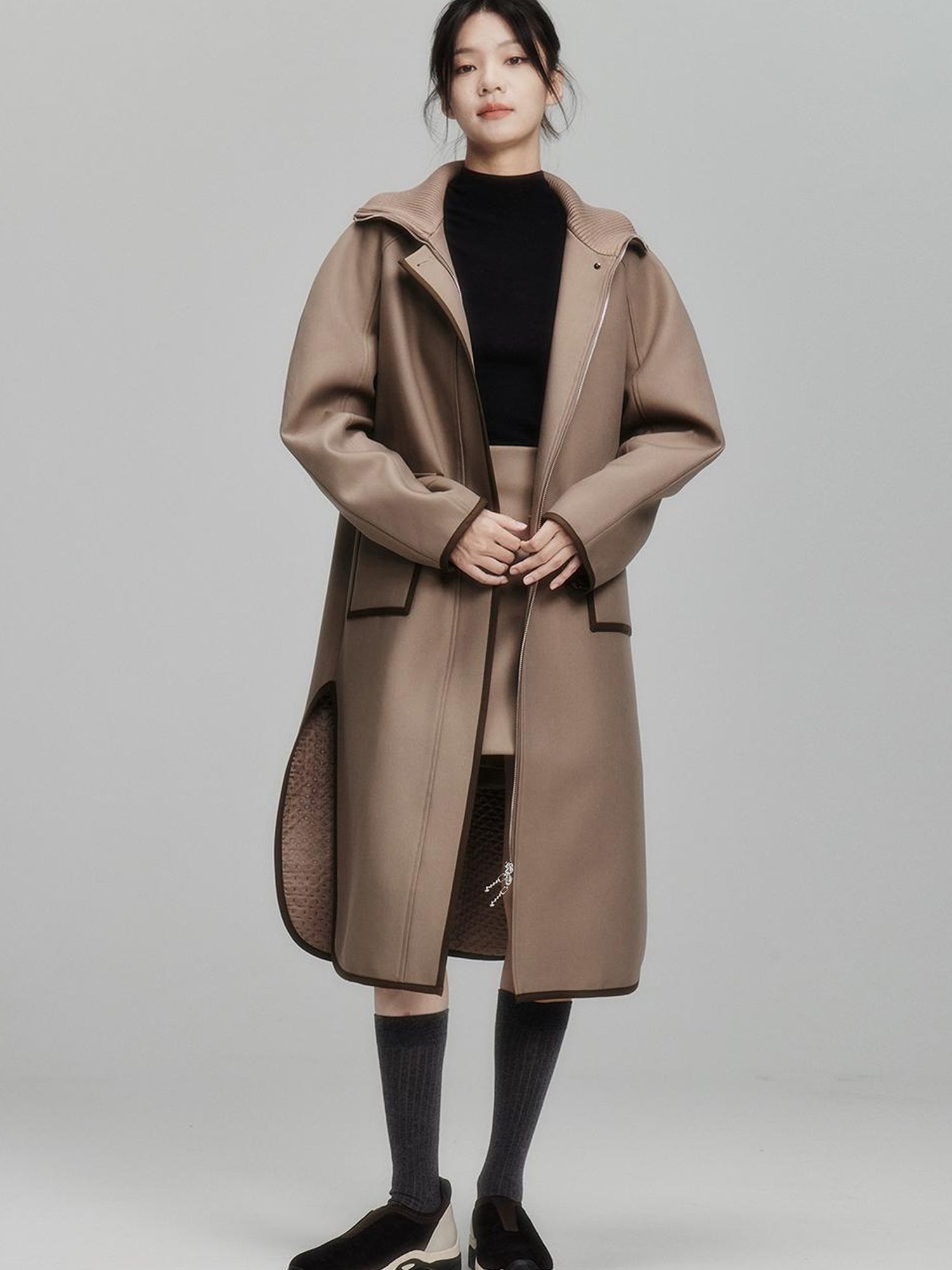 FUSSED Metallic Taupe Silk Touch Quilted Trench Coat