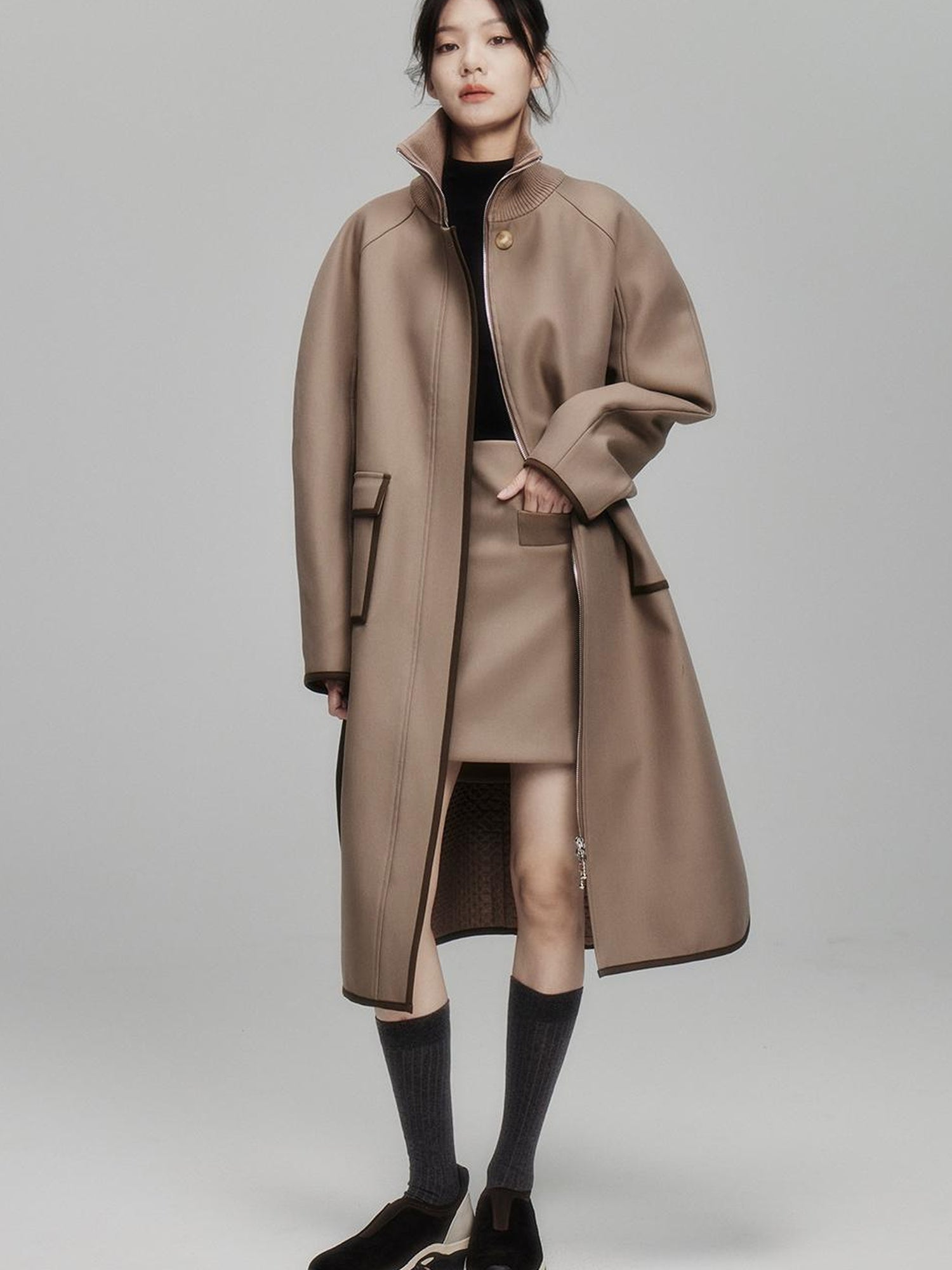 FUSSED Metallic Taupe Silk Touch Quilted Trench Coat