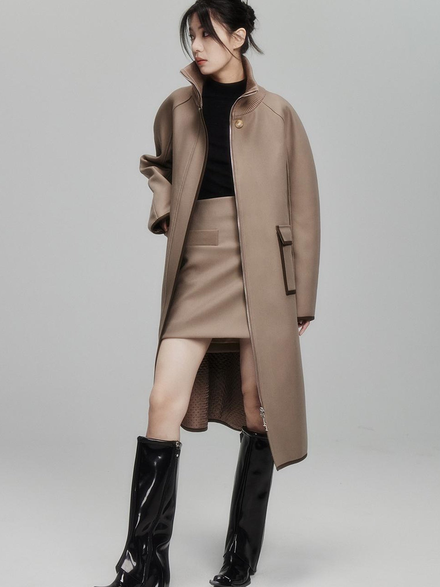 FUSSED Metallic Taupe Silk Touch Quilted Trench Coat
