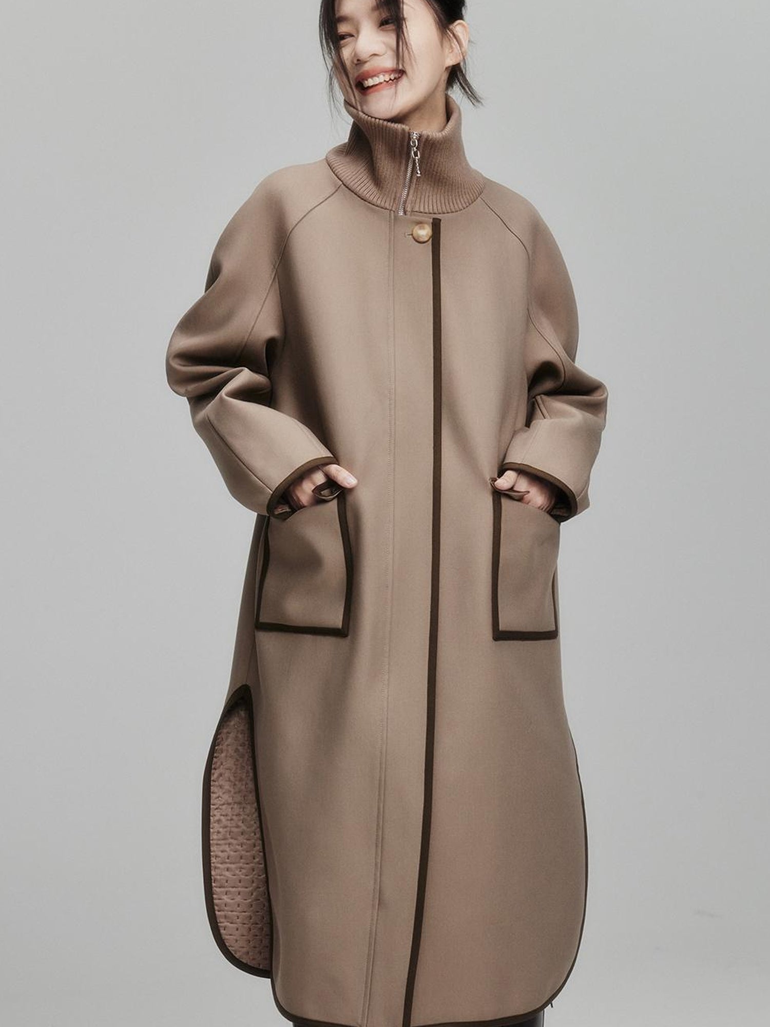 FUSSED Metallic Taupe Silk Touch Quilted Trench Coat