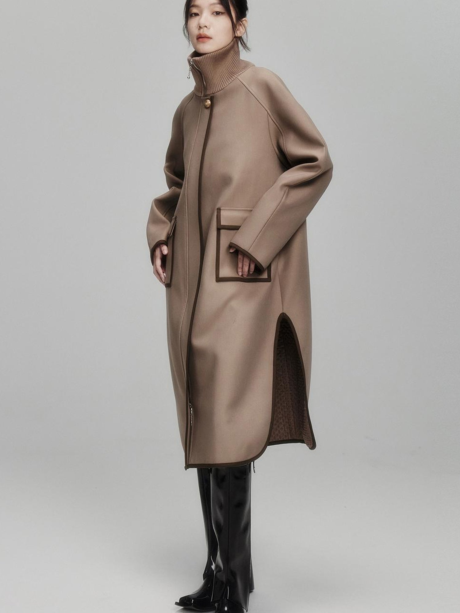 FUSSED Metallic Taupe Silk Touch Quilted Trench Coat