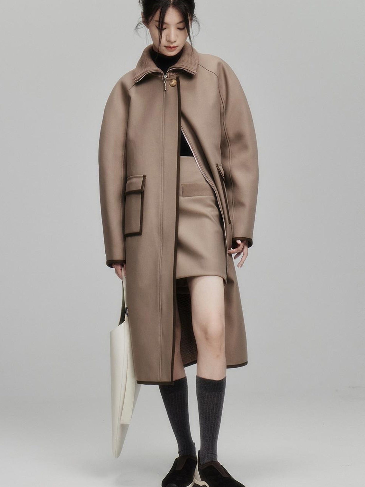 FUSSED Metallic Taupe Silk Touch Quilted Trench Coat