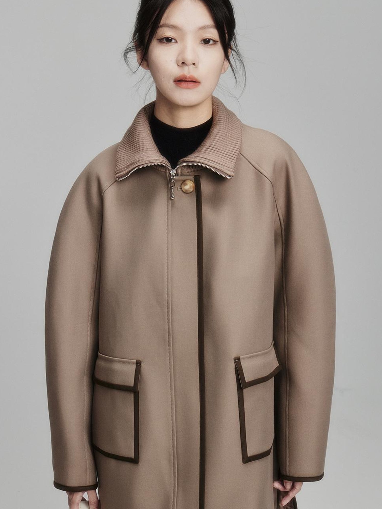 FUSSED Metallic Taupe Silk Touch Quilted Trench Coat